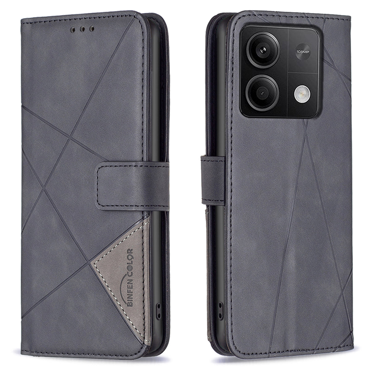BINFEN COLOR BF05 For Xiaomi Redmi Note 13 5G Phone Case Leather Stand Flip Cover 3 Card Slots - Black