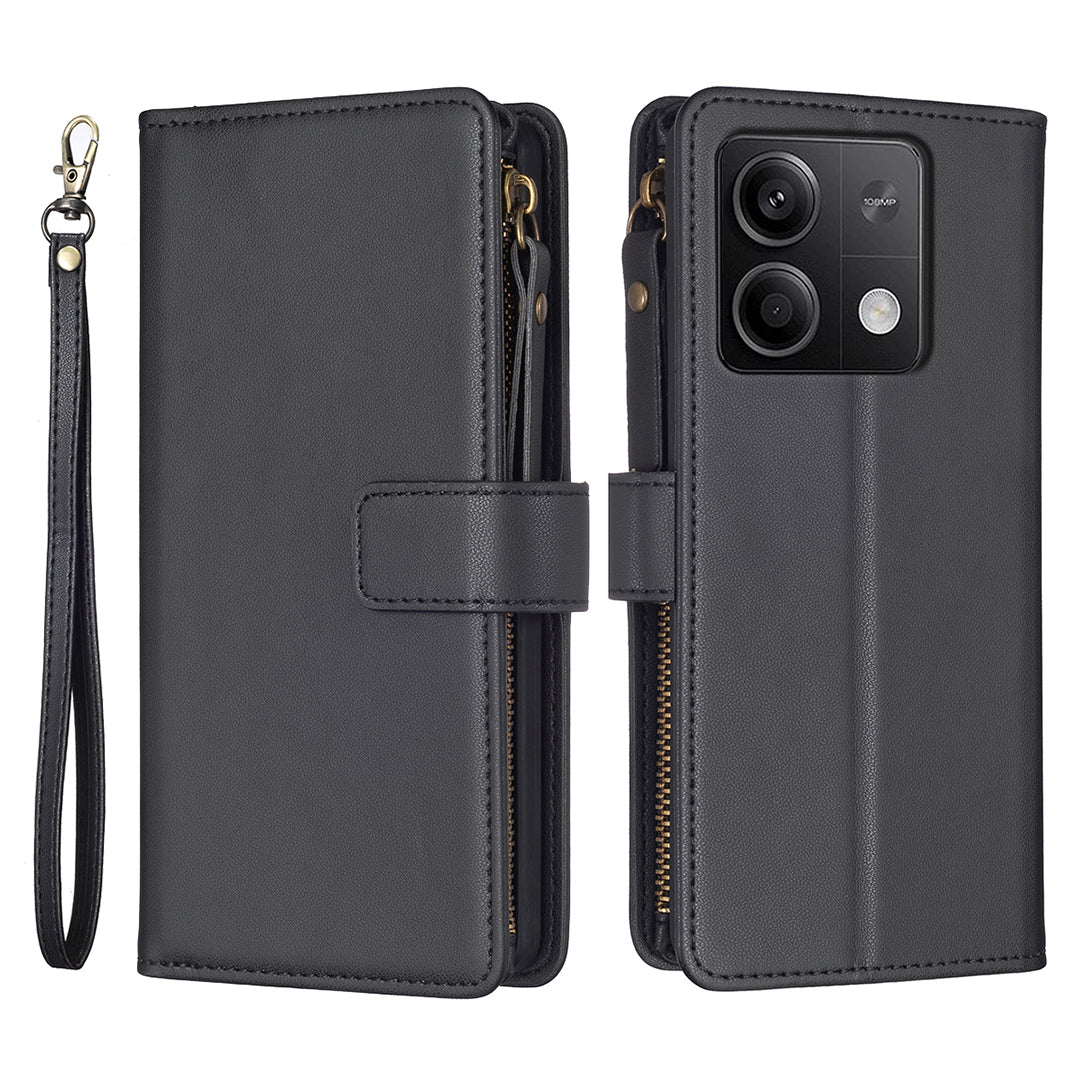 BF Style-19 for Xiaomi Redmi Note 13 5G Leather Phone Case Wallet Stand Flip Cover Zipper Pocket - Black
