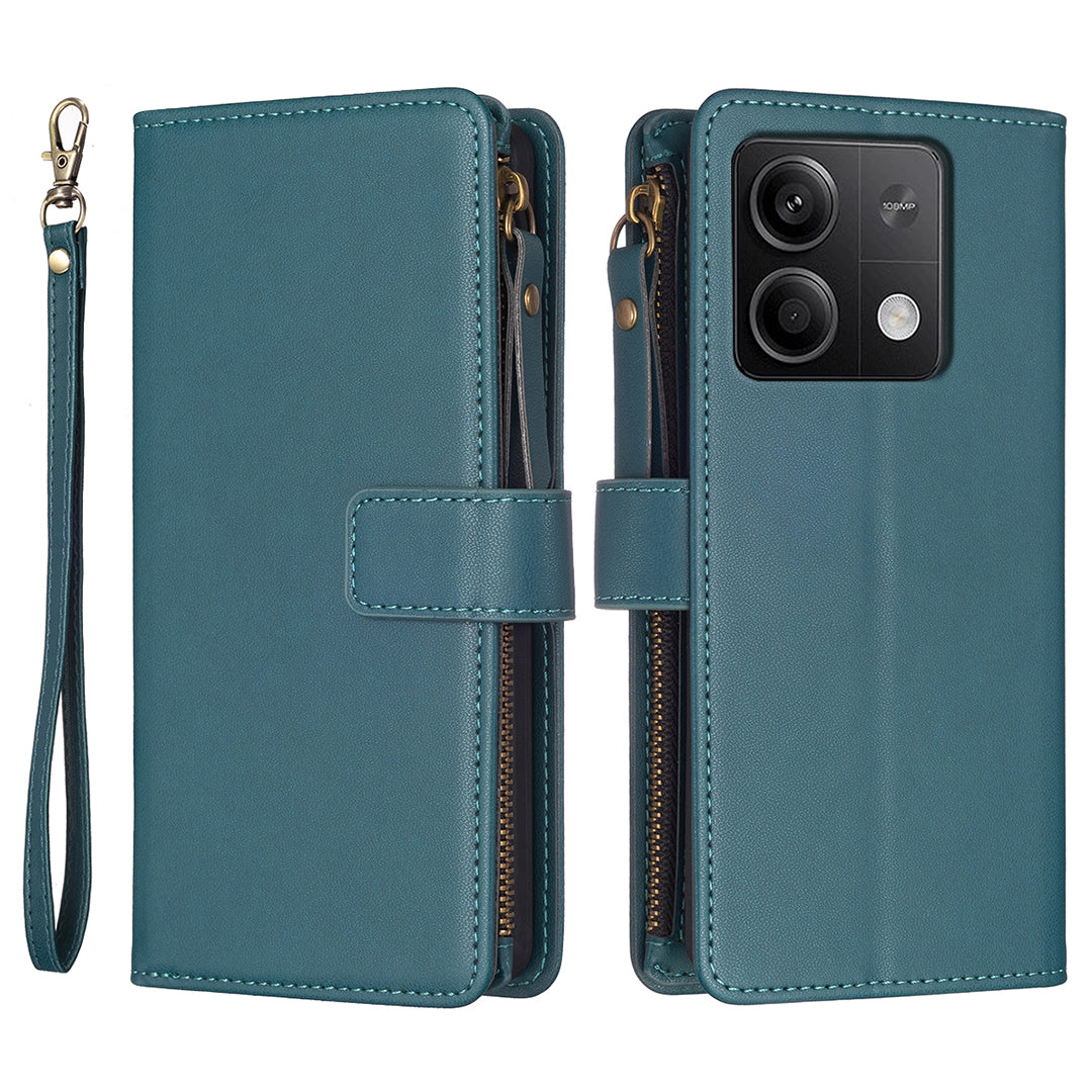 BF Style-19 for Xiaomi Redmi Note 13 5G Leather Phone Case Wallet Stand Flip Cover Zipper Pocket - Green