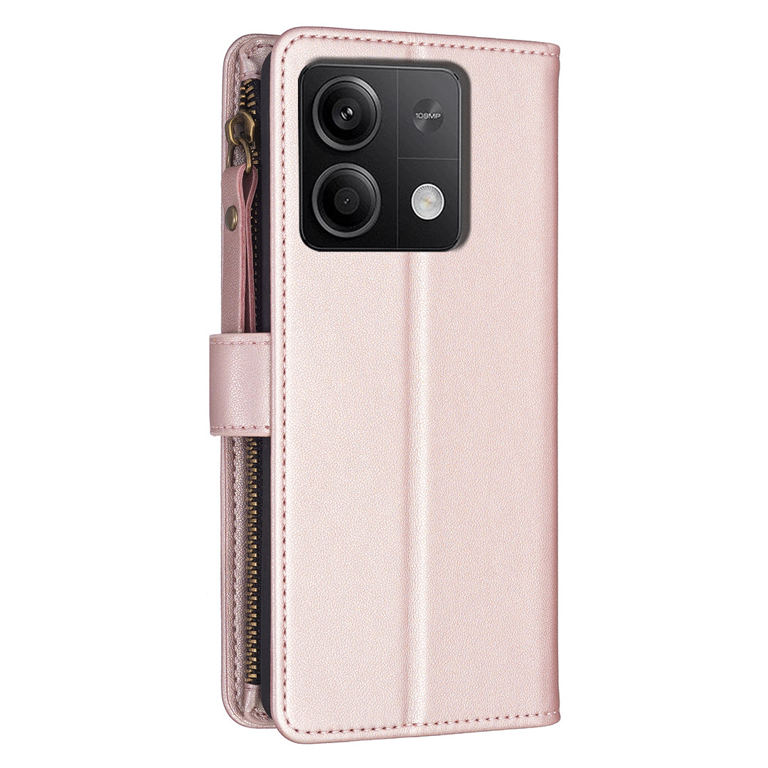BF Style-19 for Xiaomi Redmi Note 13 5G Leather Phone Case Wallet Stand Flip Cover Zipper Pocket - Rose Gold