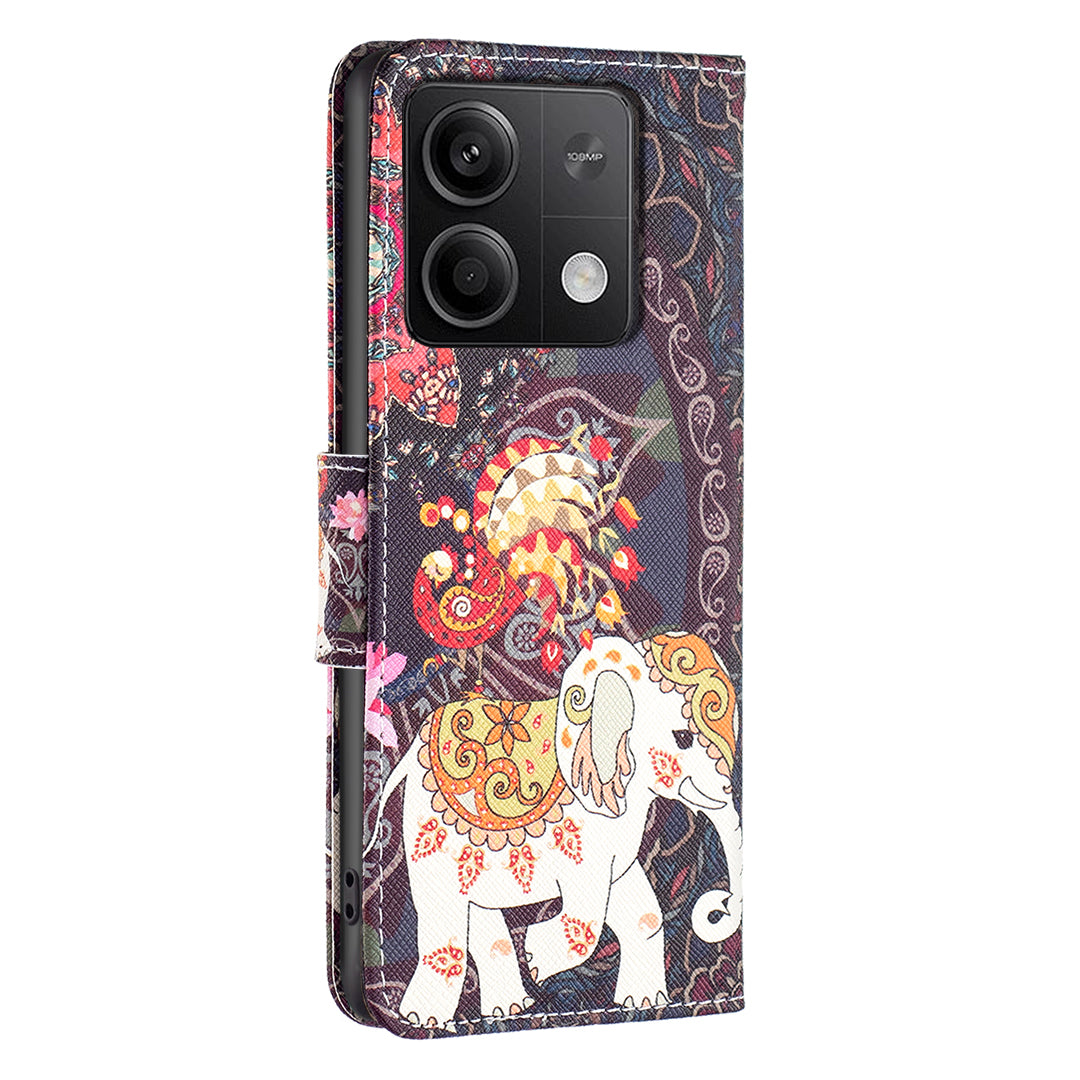 For Xiaomi Redmi Note 13 5G Phone Case Pattern Printing Wallet Leather Cover - Flower and Elephant