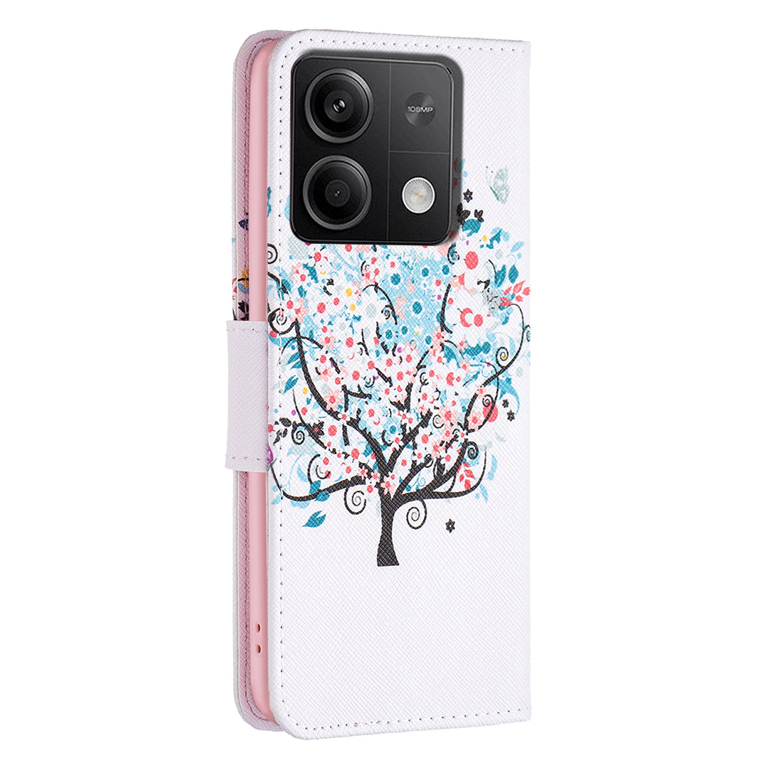 For Xiaomi Redmi Note 13 5G PU Leather Phone Case TPU Inner Shell Pattern Printing Design - Flower Tree