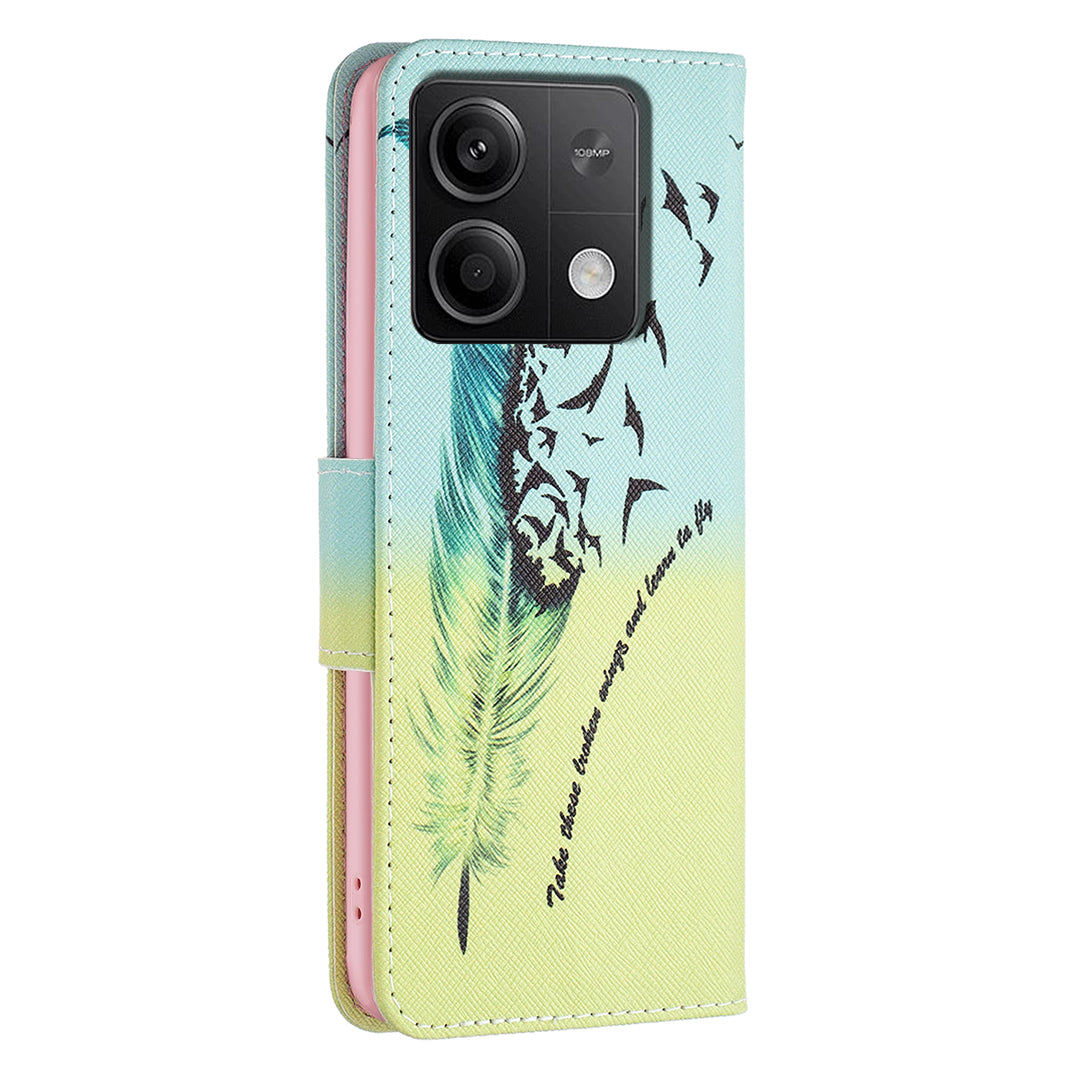 For Xiaomi Redmi Note 13 5G PU Leather Phone Case TPU Inner Shell Pattern Printing Design - Feather and Birds