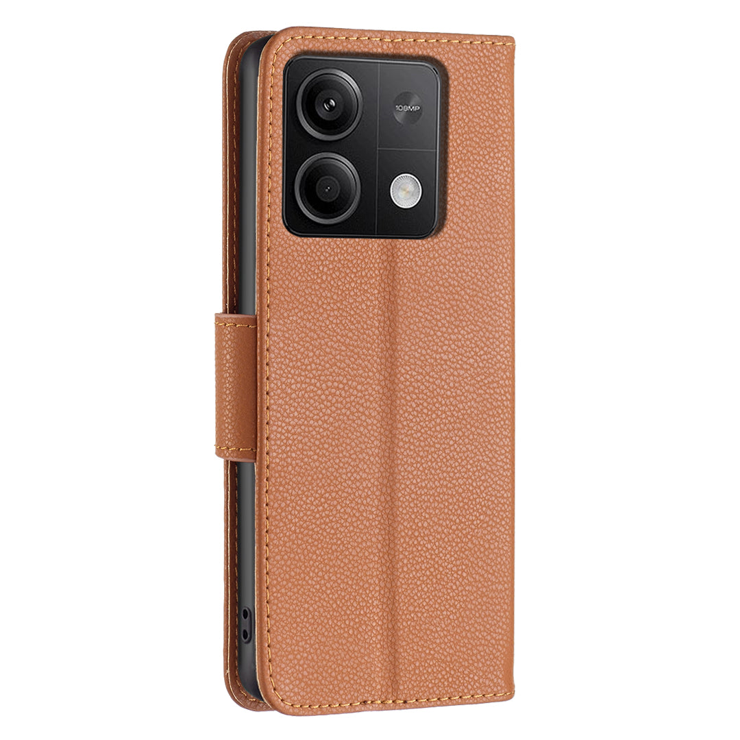 For Xiaomi Redmi Note 13 5G Phone Case Wallet PU Leather Litchi Texture Protective Cover - Brown