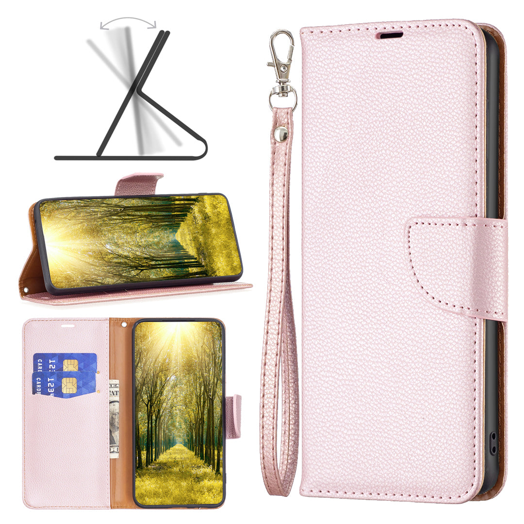For Xiaomi Redmi Note 13 5G Phone Case Wallet PU Leather Litchi Texture Protective Cover - Rose Gold