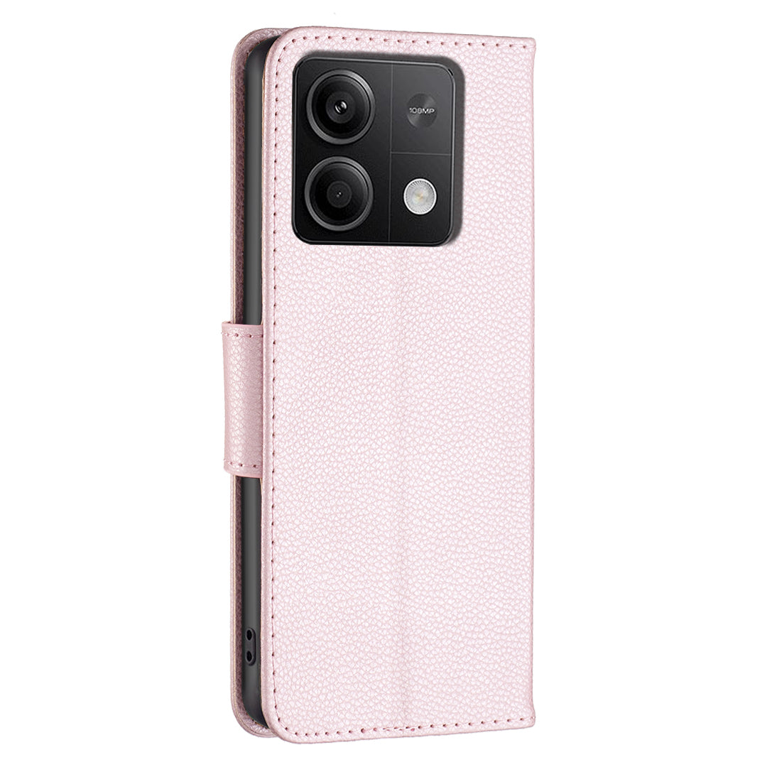 For Xiaomi Redmi Note 13 5G Phone Case Wallet PU Leather Litchi Texture Protective Cover - Rose Gold