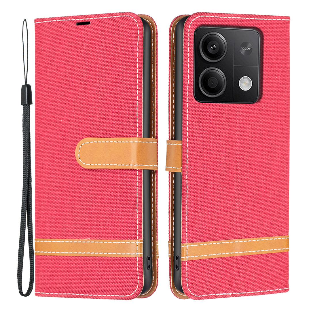 For Xiaomi Redmi Note 13 5G Leather Phone Case Wallet Cover Jeans Cloth Splicing - Red