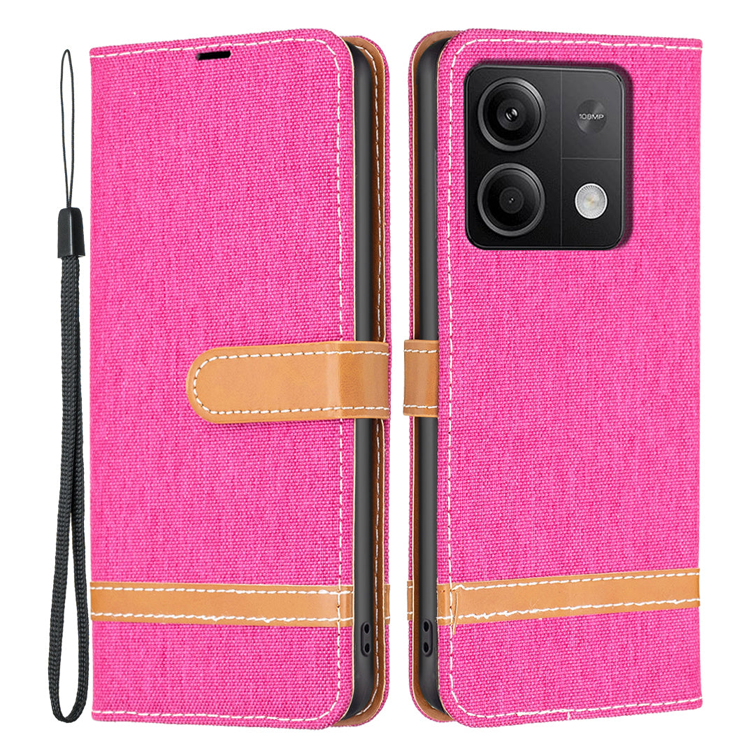 For Xiaomi Redmi Note 13 5G Leather Phone Case Wallet Cover Jeans Cloth Splicing - Rose