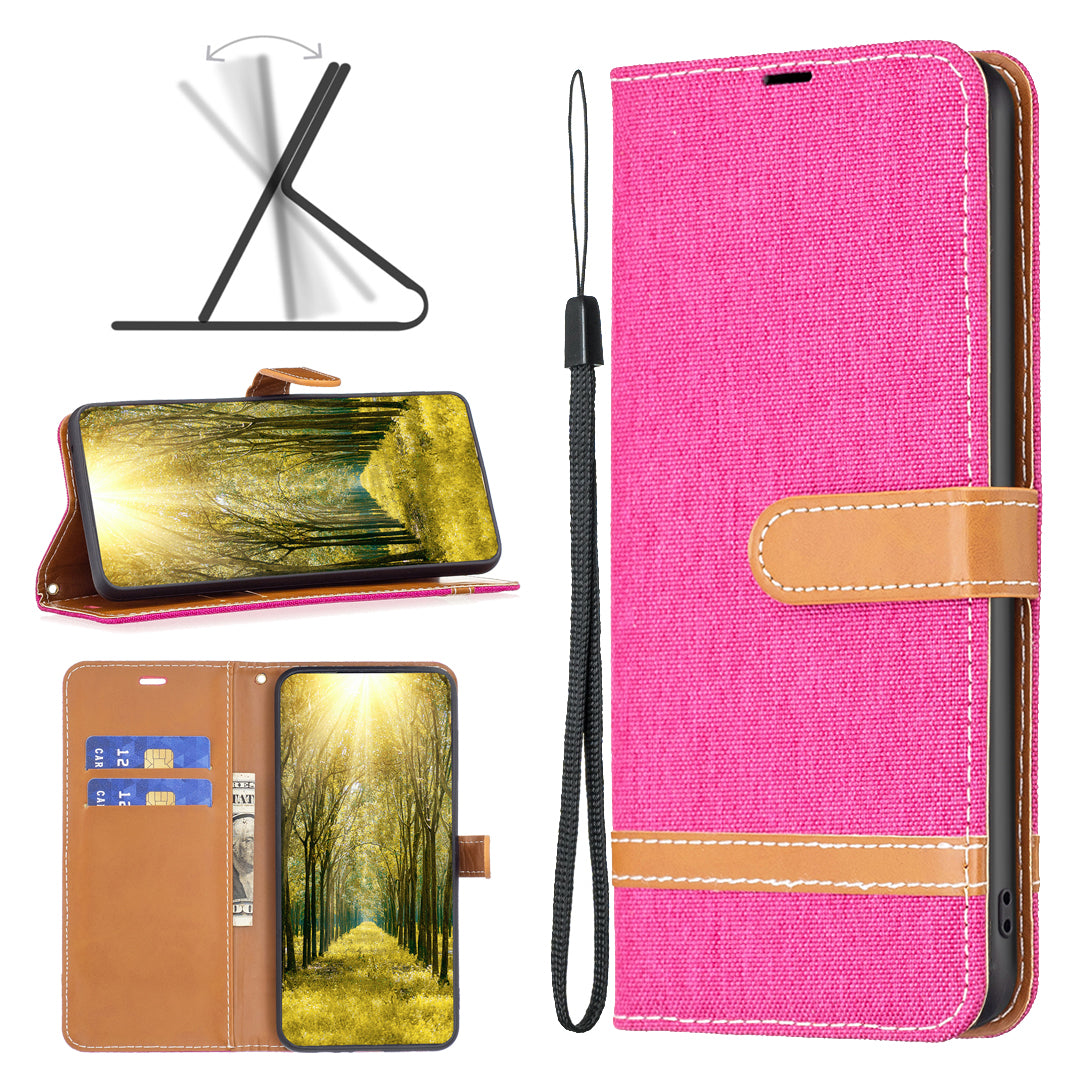 For Xiaomi Redmi Note 13 5G Leather Phone Case Wallet Cover Jeans Cloth Splicing - Rose