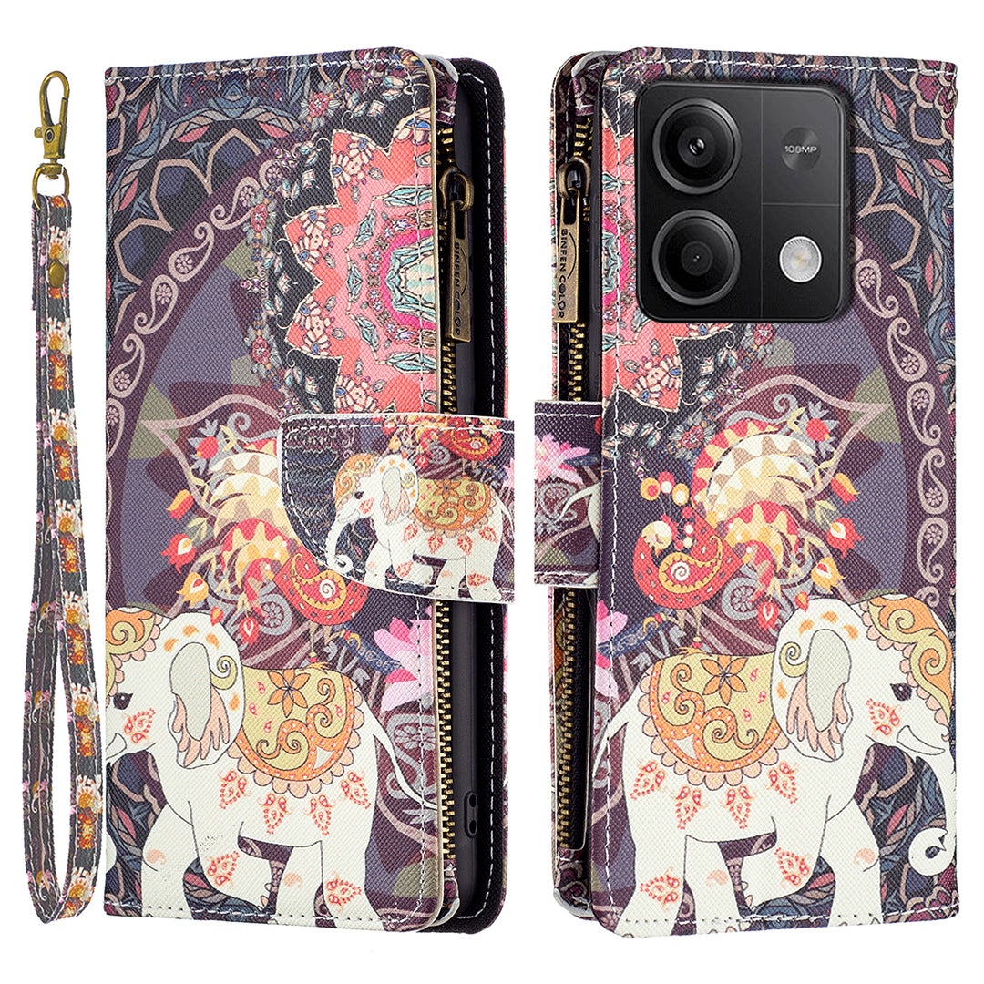 BF03 For Xiaomi Redmi Note 13 5G PU Leather Case Pattern Zipper Pocket Handbag Phone Cover - Flowers and Elephant