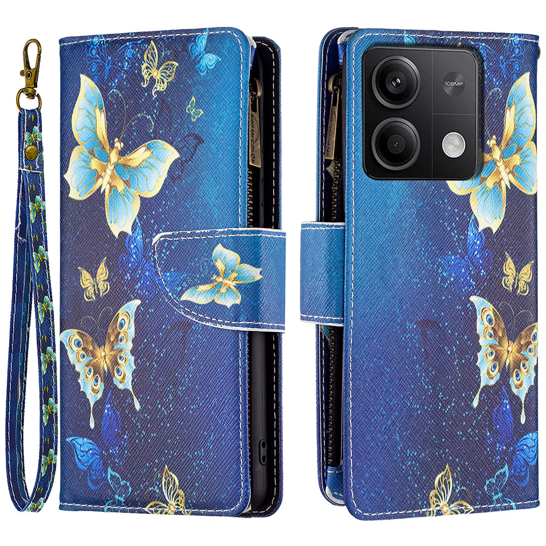 BF03 For Xiaomi Redmi Note 13 5G PU Leather Case Pattern Zipper Pocket Handbag Phone Cover - Golden Butterflies