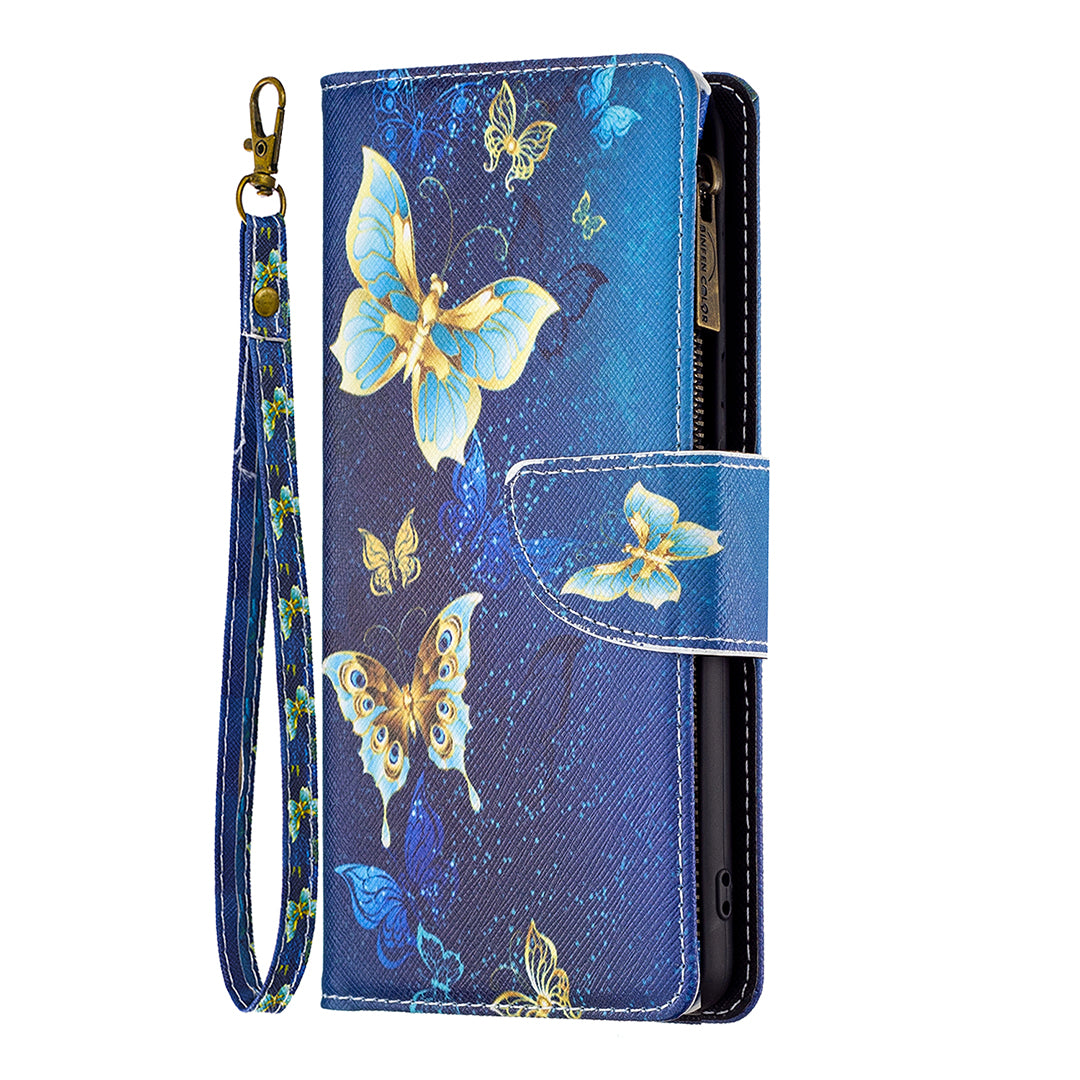 BF03 For Xiaomi Redmi Note 13 5G PU Leather Case Pattern Zipper Pocket Handbag Phone Cover - Golden Butterflies