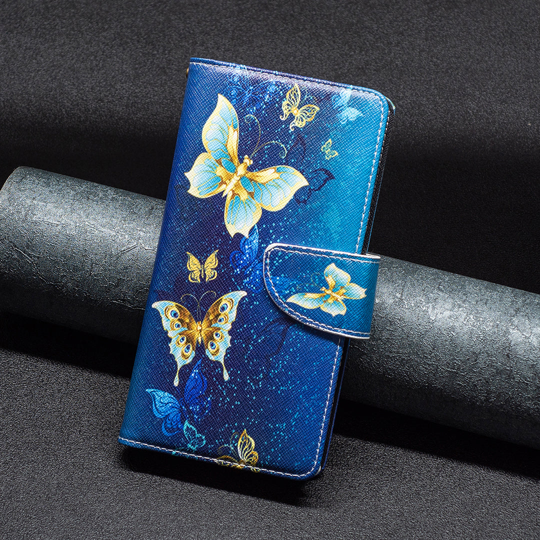 BF03 For Xiaomi Redmi Note 13 5G PU Leather Case Pattern Zipper Pocket Handbag Phone Cover - Golden Butterflies