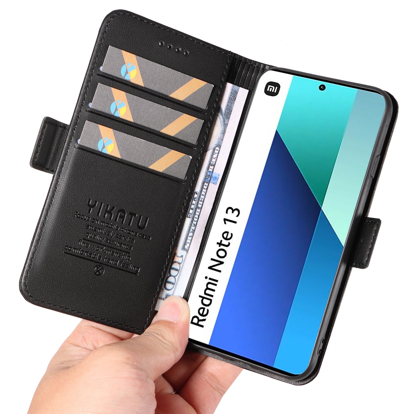 YIKATU YK-003 For Xiaomi Redmi Note 13 4G Leather Wallet Case Side Magnetic Clasp - Black