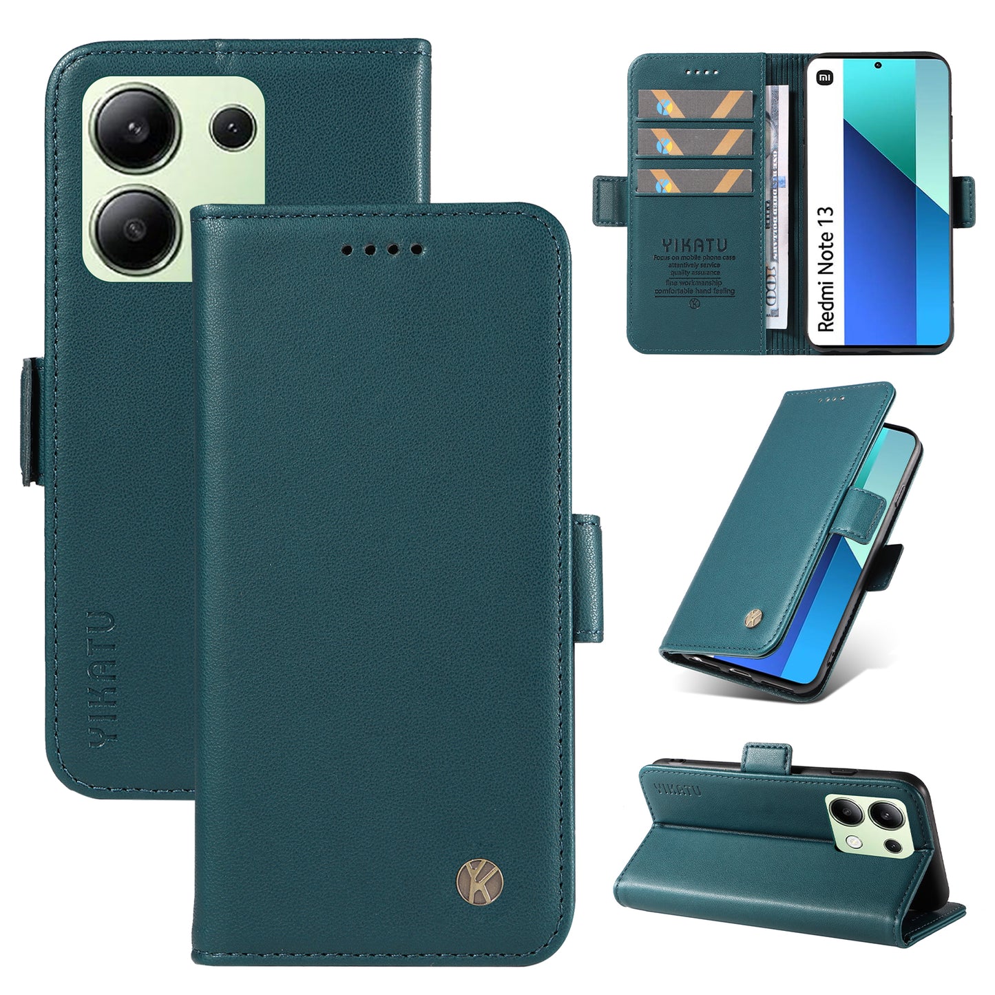 YIKATU YK-003 For Xiaomi Redmi Note 13 4G Leather Wallet Case Side Magnetic Clasp - Green