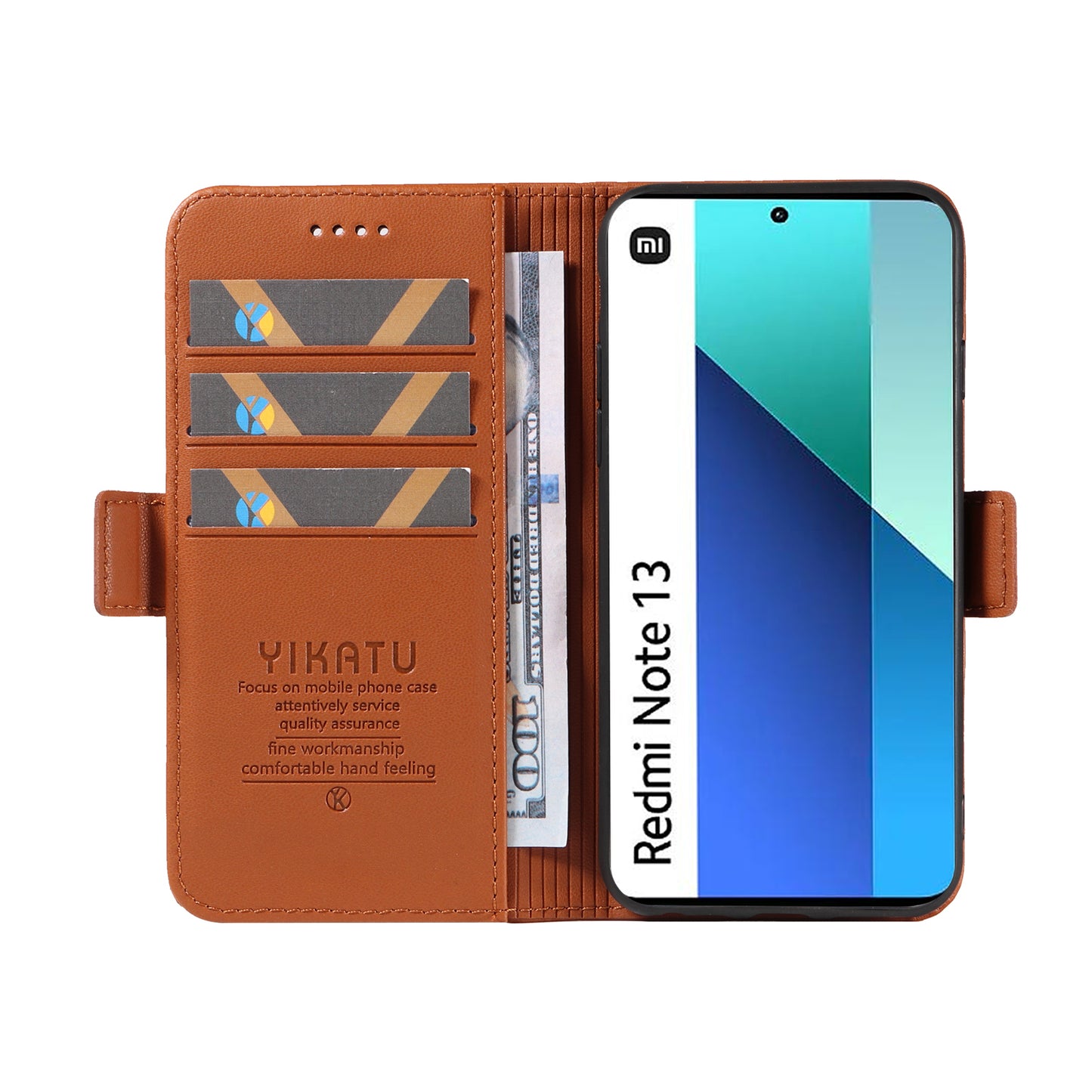 YIKATU YK-003 For Xiaomi Redmi Note 13 4G Leather Wallet Case Side Magnetic Clasp - Brown