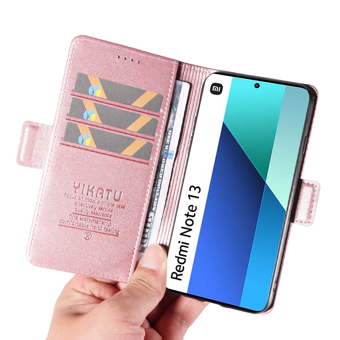 YIKATU YK-003 For Xiaomi Redmi Note 13 4G Leather Wallet Case Side Magnetic Clasp - Rose Gold