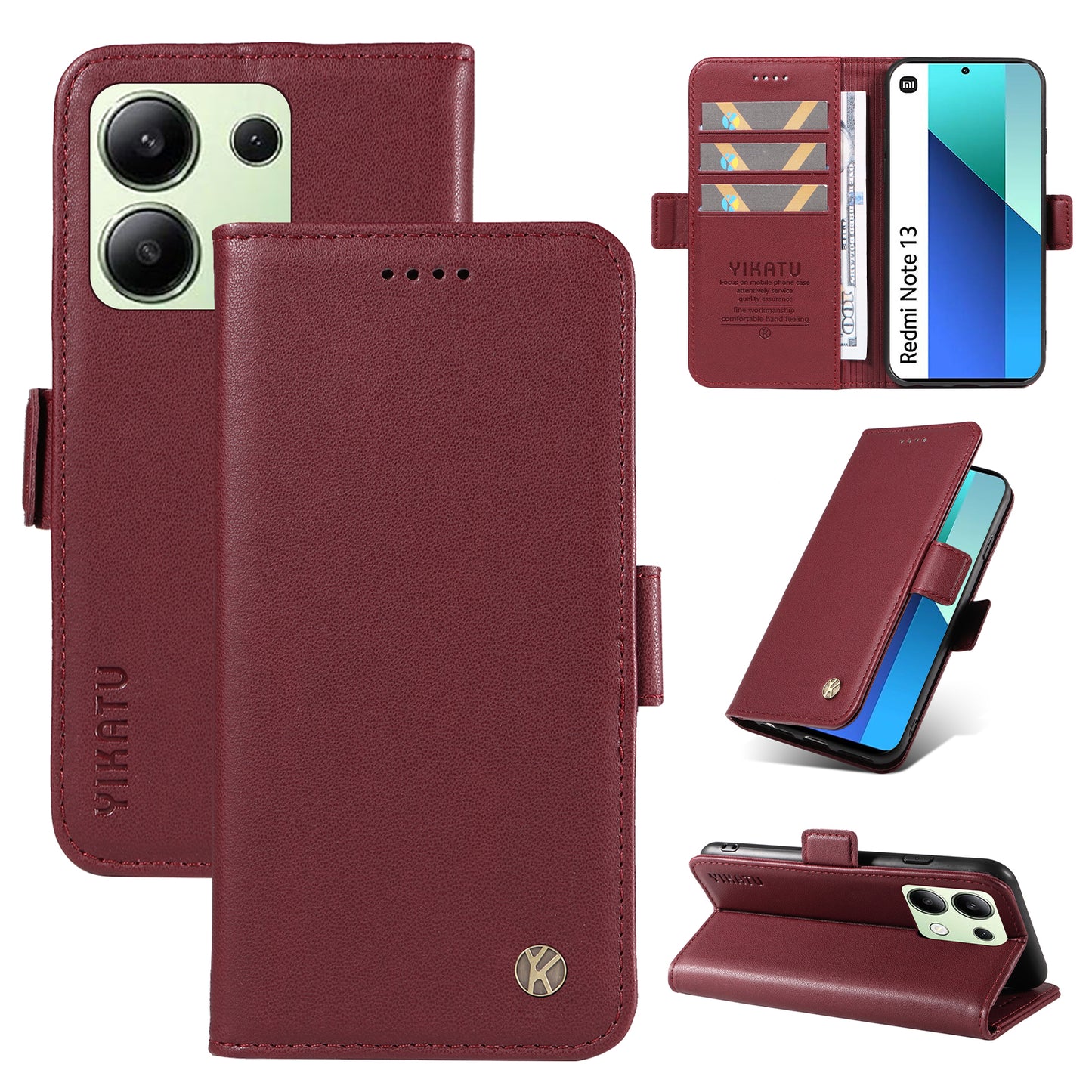 YIKATU YK-003 For Xiaomi Redmi Note 13 4G Leather Wallet Case Side Magnetic Clasp - Wine Red