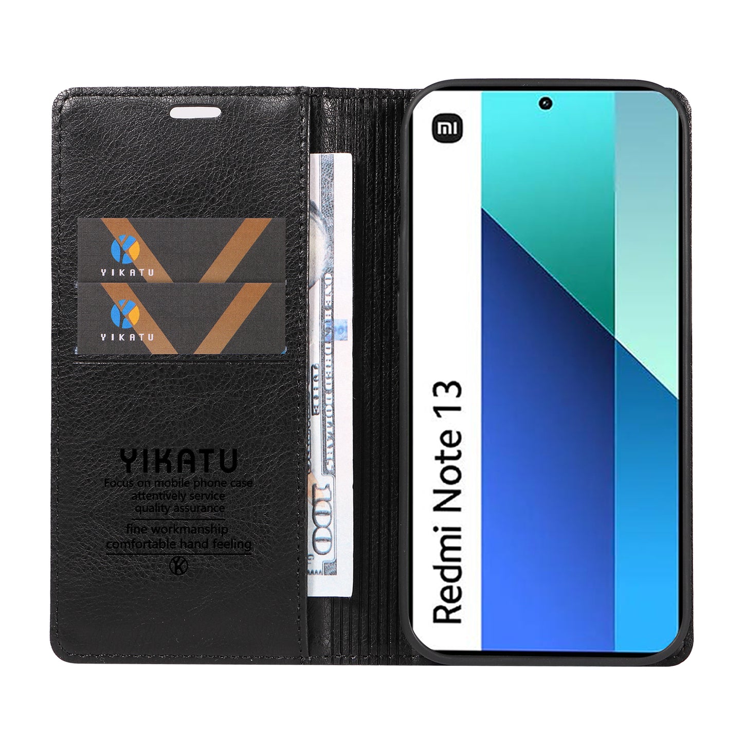 YIKATU YK-006 For Xiaomi Redmi Note 13 4G Leather Case Magnetic Closing Litchi Texture - Black