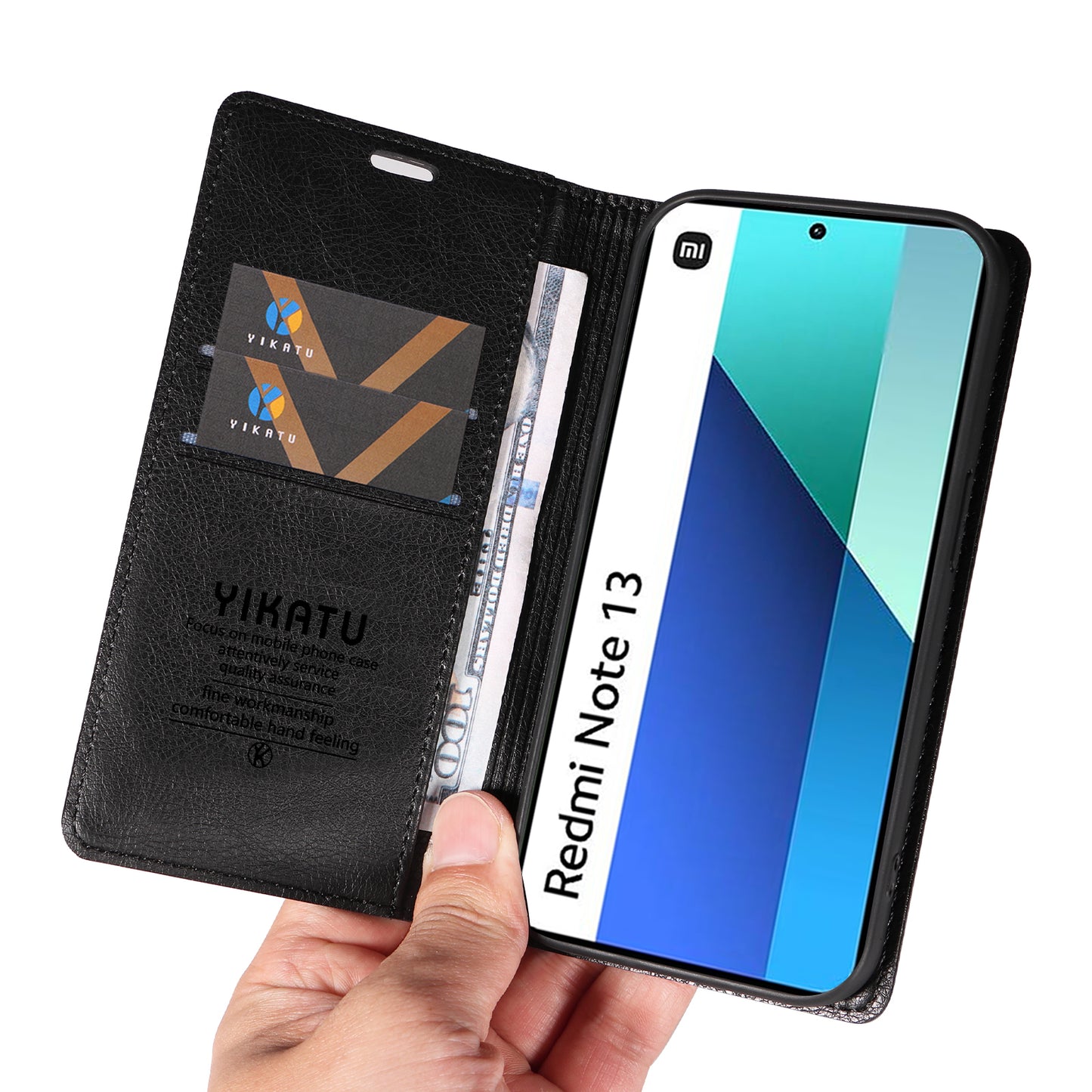 YIKATU YK-006 For Xiaomi Redmi Note 13 4G Leather Case Magnetic Closing Litchi Texture - Black