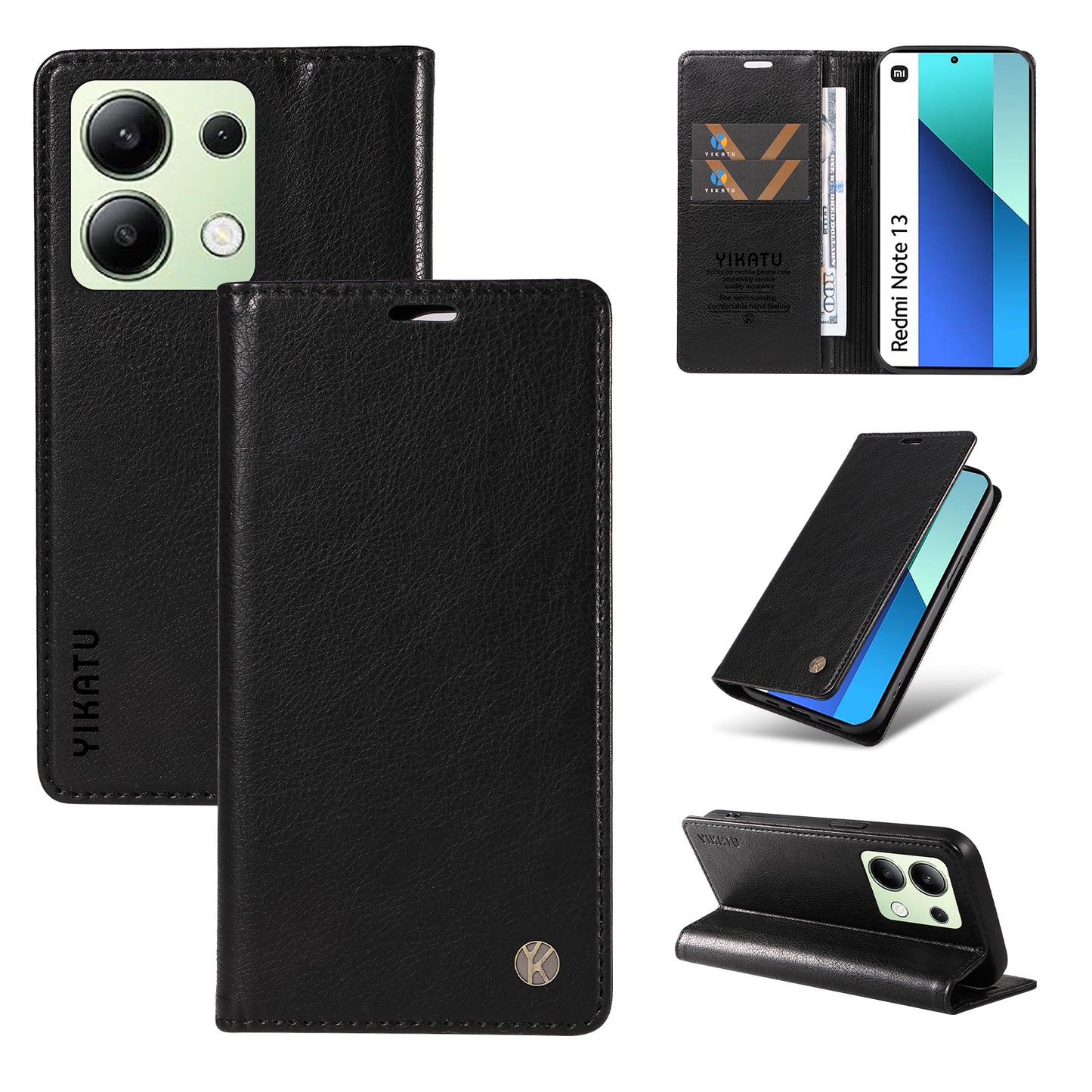 YIKATU YK-006 For Xiaomi Redmi Note 13 4G Leather Case Magnetic Closing Litchi Texture - Black