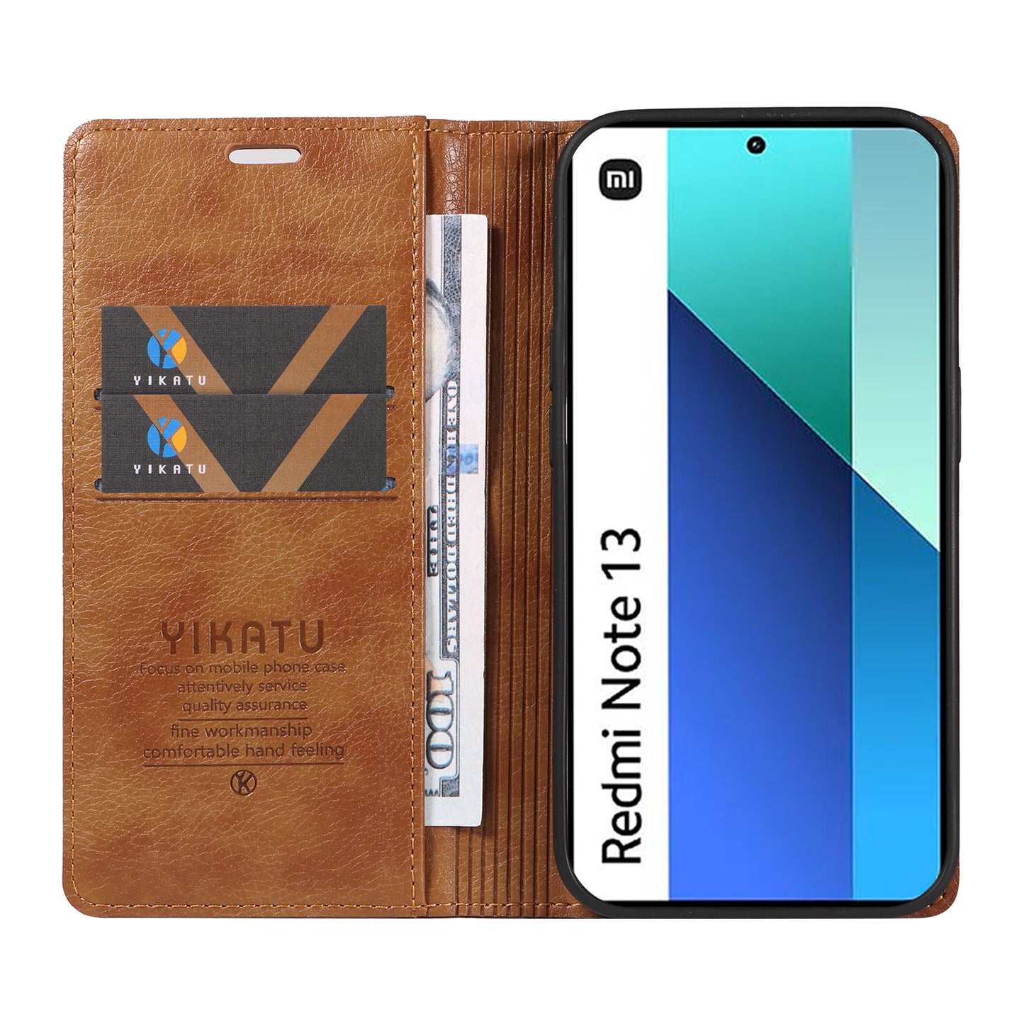 YIKATU YK-006 For Xiaomi Redmi Note 13 4G Leather Case Magnetic Closing Litchi Texture - Brown