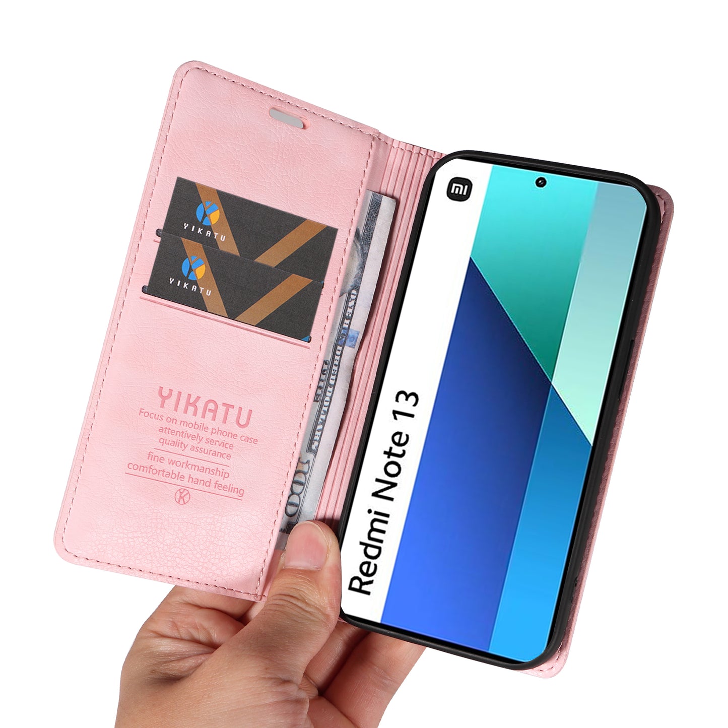 YIKATU YK-006 For Xiaomi Redmi Note 13 4G Leather Case Magnetic Closing Litchi Texture - Pink