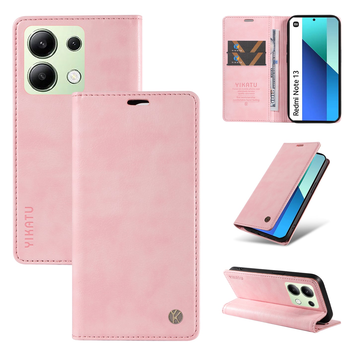 YIKATU YK-006 For Xiaomi Redmi Note 13 4G Leather Case Magnetic Closing Litchi Texture - Pink