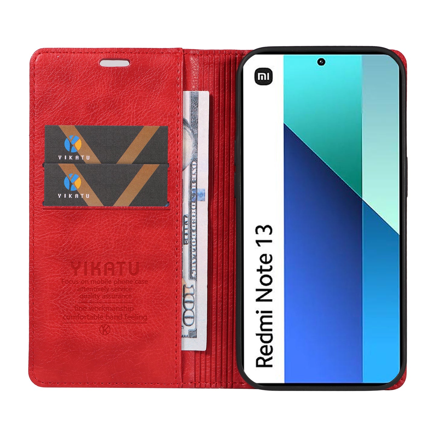 YIKATU YK-006 For Xiaomi Redmi Note 13 4G Leather Case Magnetic Closing Litchi Texture - Red