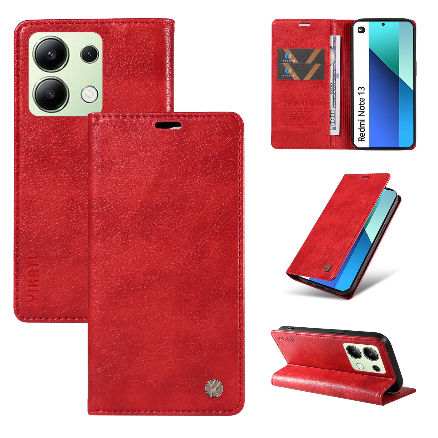 YIKATU YK-006 For Xiaomi Redmi Note 13 4G Leather Case Magnetic Closing Litchi Texture - Red