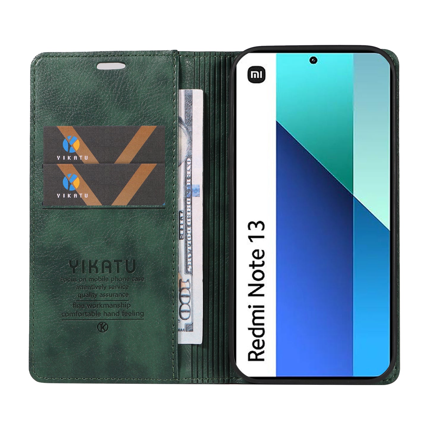 YIKATU YK-006 For Xiaomi Redmi Note 13 4G Leather Case Magnetic Closing Litchi Texture - Green