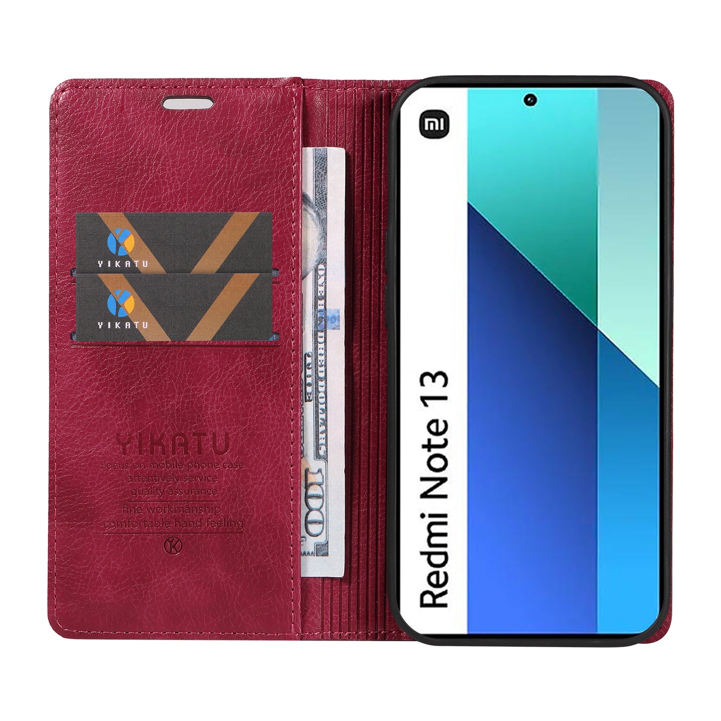 YIKATU YK-006 For Xiaomi Redmi Note 13 4G Leather Case Magnetic Closing Litchi Texture - Wine Red