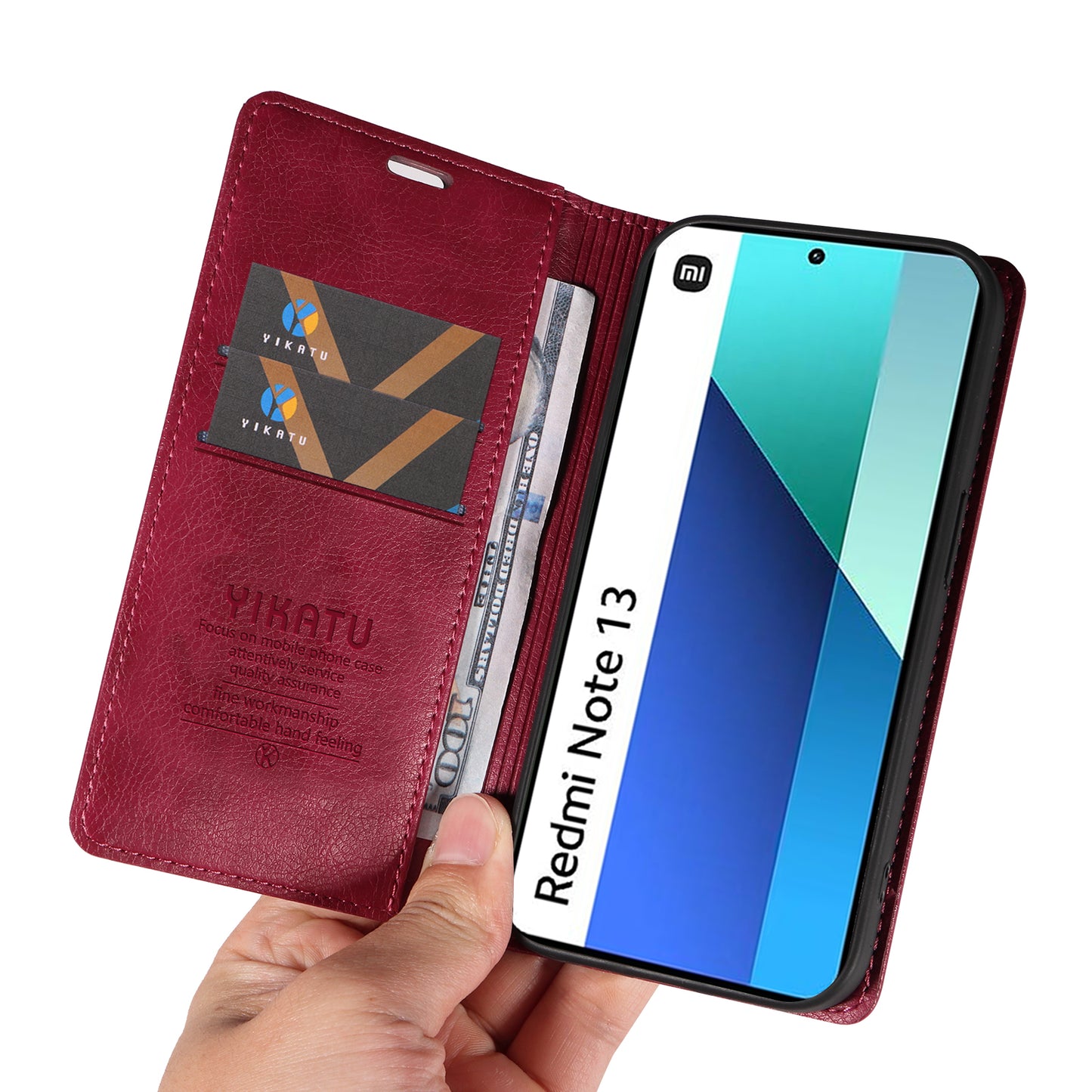 YIKATU YK-006 For Xiaomi Redmi Note 13 4G Leather Case Magnetic Closing Litchi Texture - Wine Red