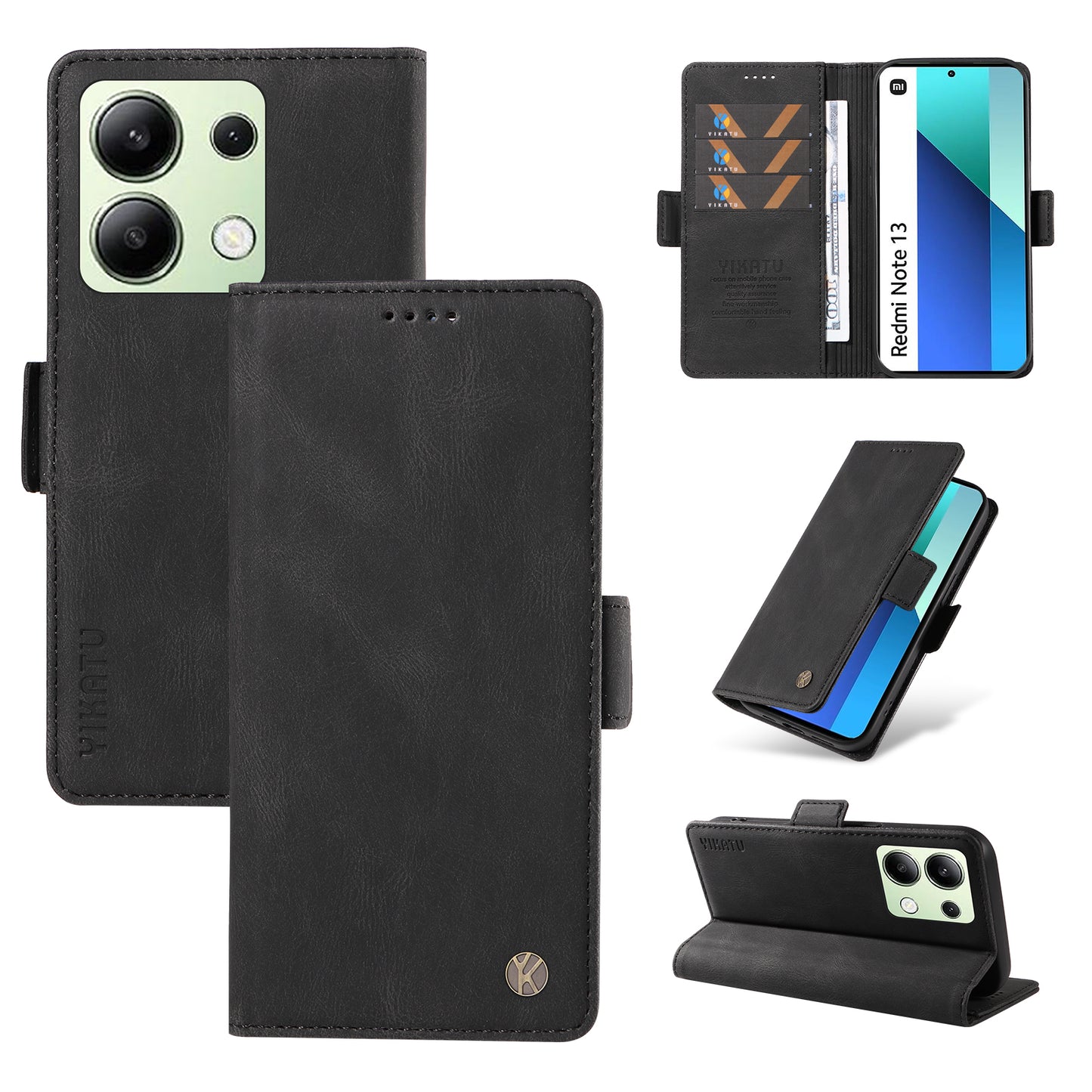 YIKATU YK-005 For Xiaomi Redmi Note 13 4G Wallet Cover Skin-touch Leather Phone Case - Black