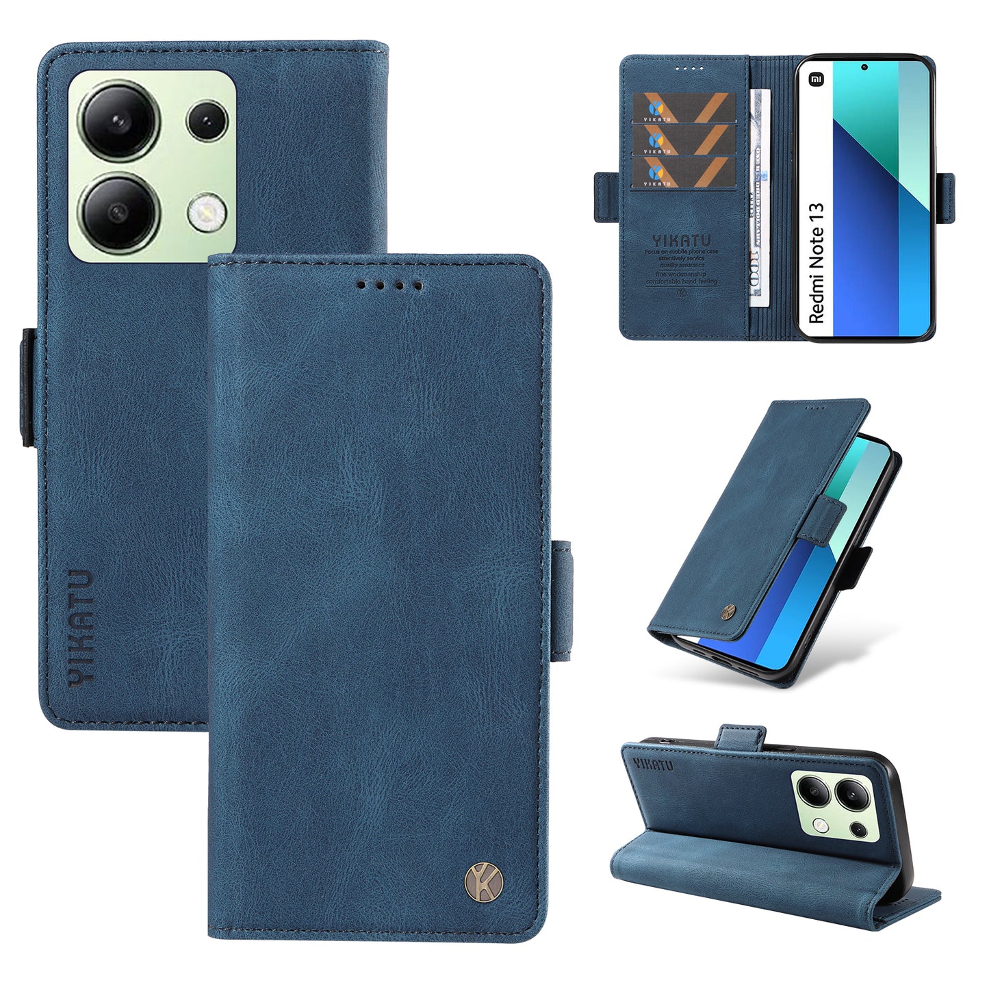 YIKATU YK-005 For Xiaomi Redmi Note 13 4G Wallet Cover Skin-touch Leather Phone Case - Blue