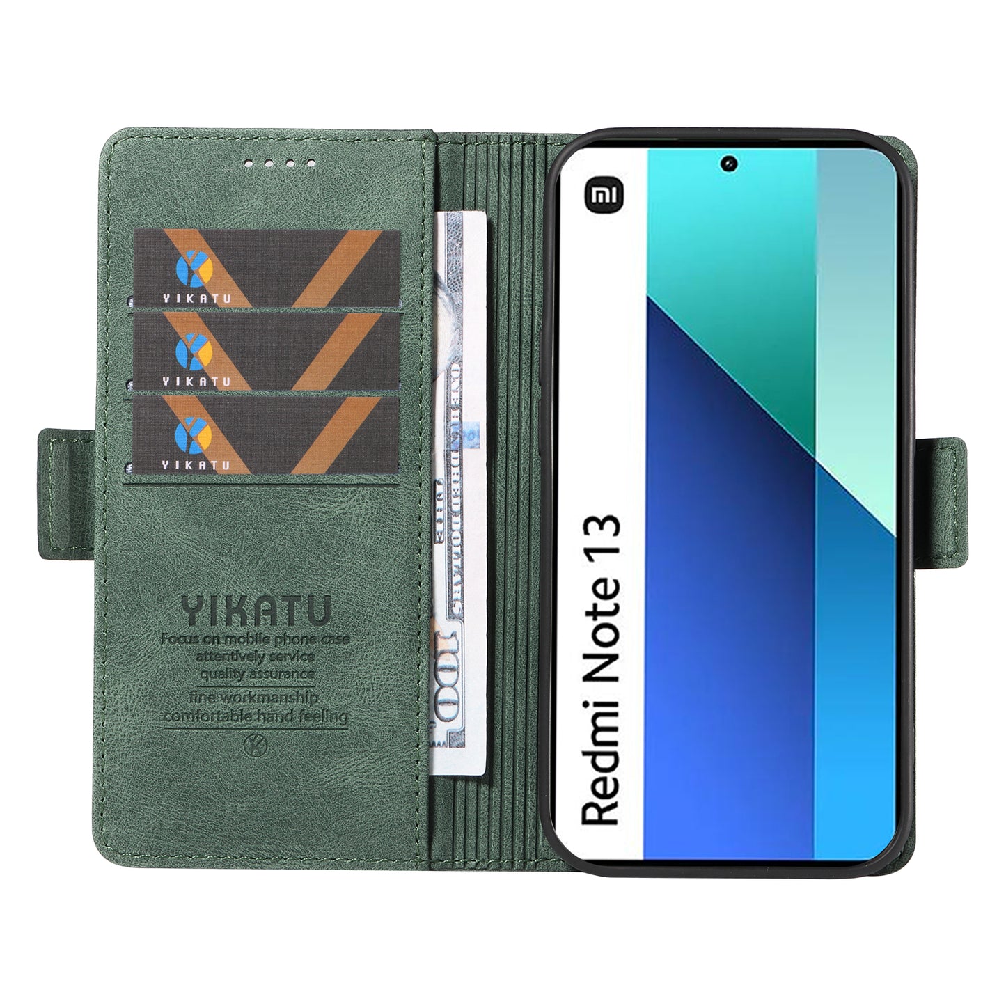 YIKATU YK-005 For Xiaomi Redmi Note 13 4G Wallet Cover Skin-touch Leather Phone Case - Green