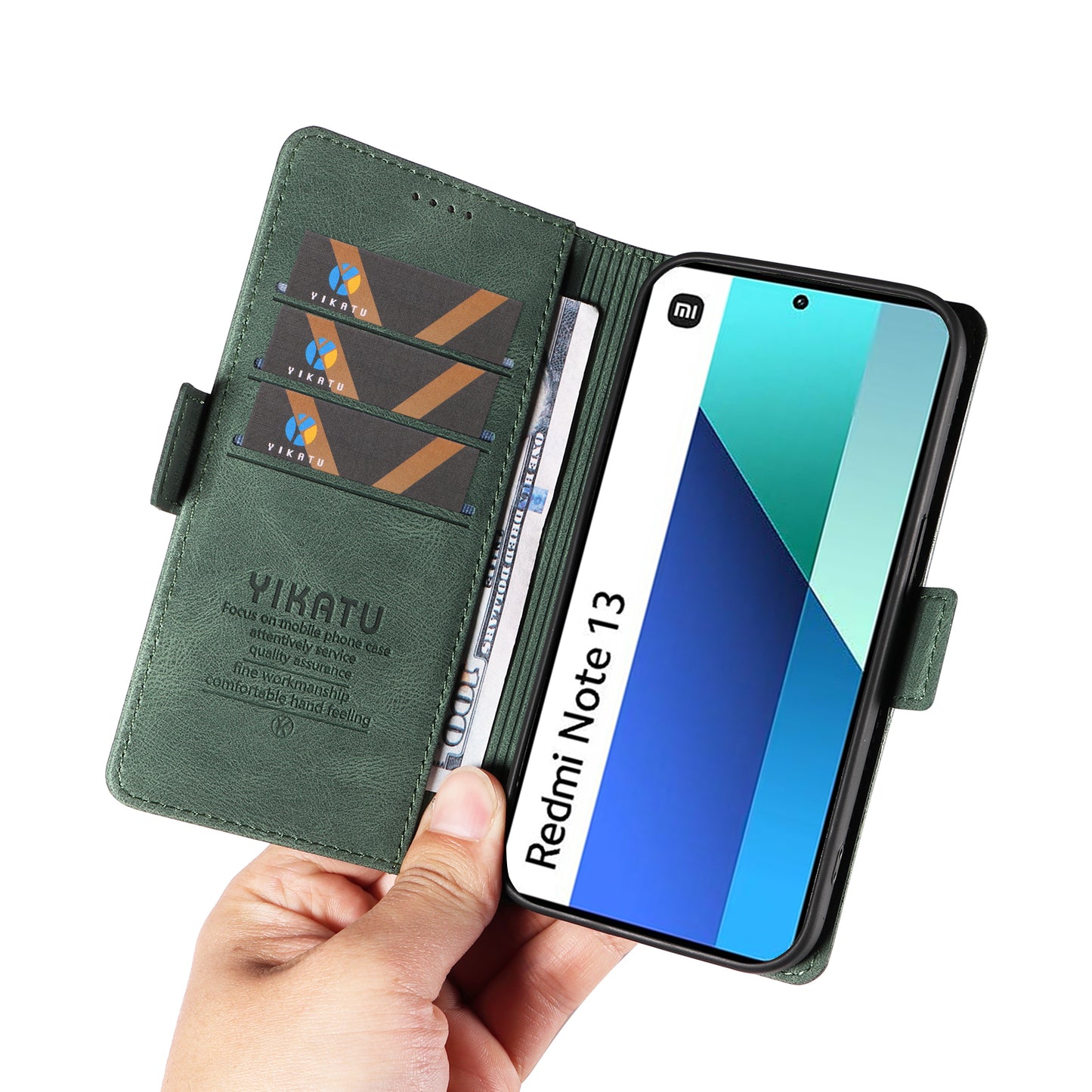 YIKATU YK-005 For Xiaomi Redmi Note 13 4G Wallet Cover Skin-touch Leather Phone Case - Green