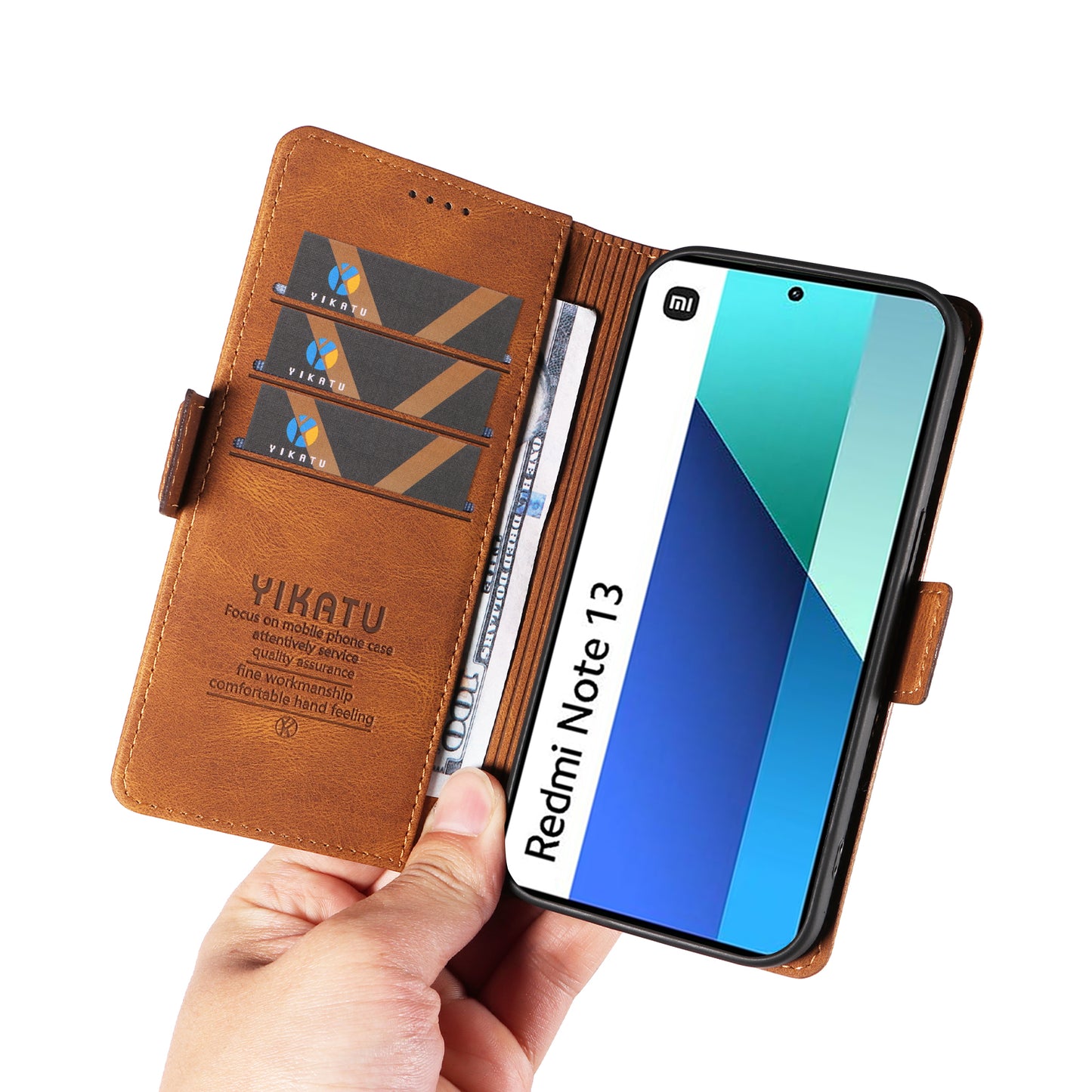 YIKATU YK-005 For Xiaomi Redmi Note 13 4G Wallet Cover Skin-touch Leather Phone Case - Brown