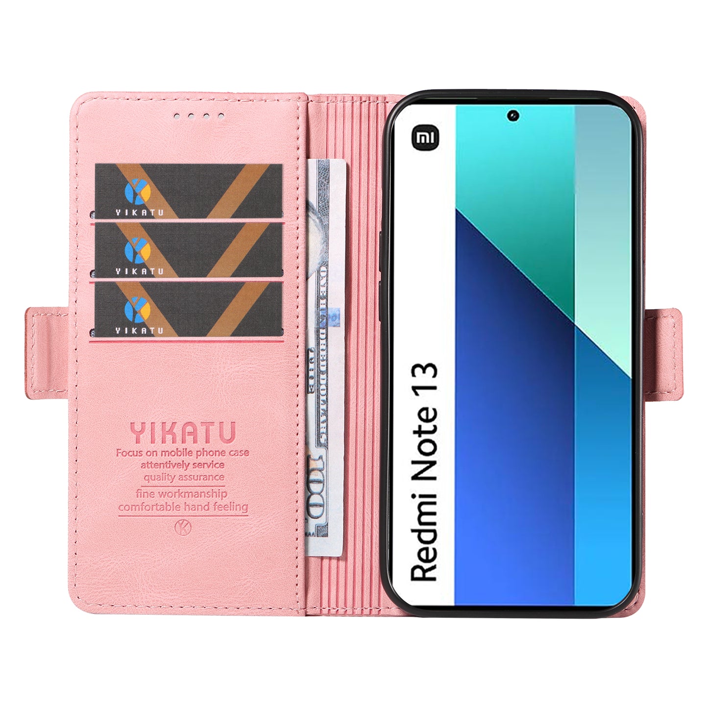 YIKATU YK-005 For Xiaomi Redmi Note 13 4G Wallet Cover Skin-touch Leather Phone Case - Pink