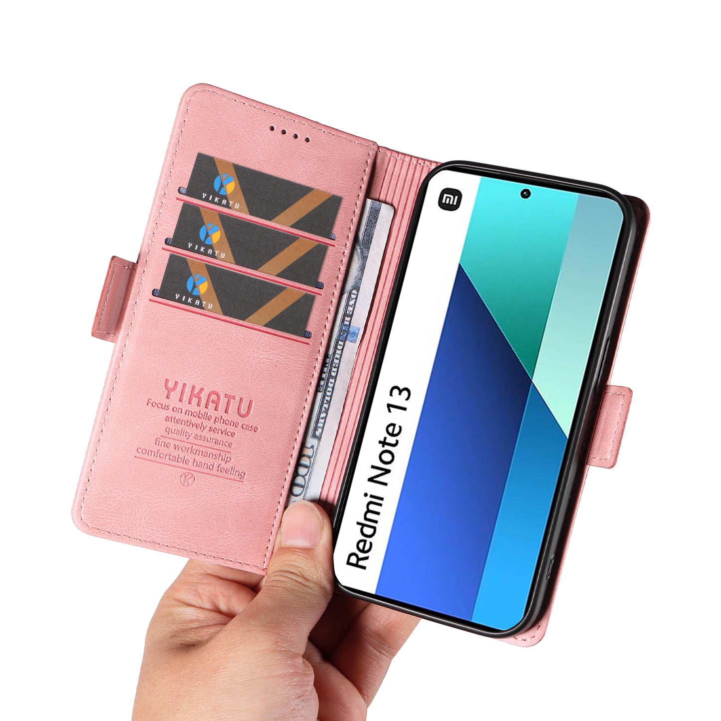 YIKATU YK-005 For Xiaomi Redmi Note 13 4G Wallet Cover Skin-touch Leather Phone Case - Pink