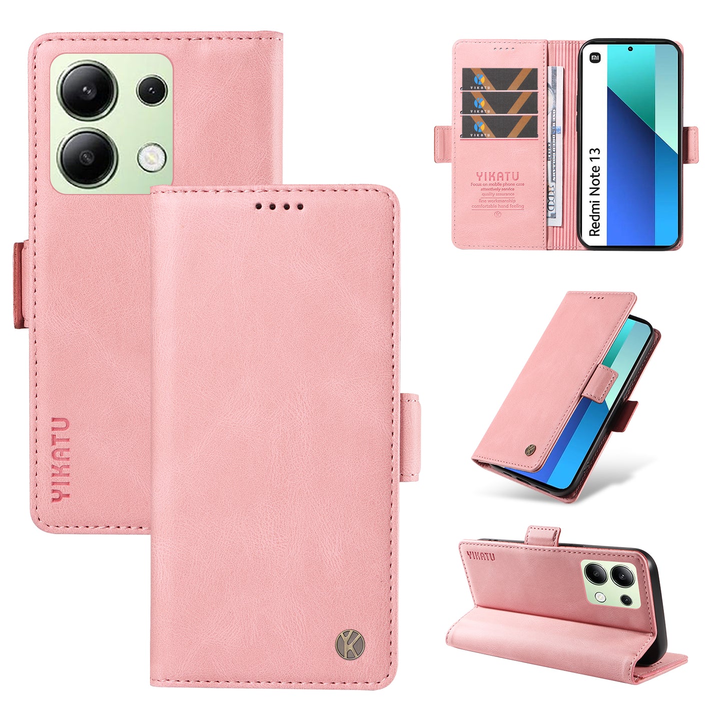 YIKATU YK-005 For Xiaomi Redmi Note 13 4G Wallet Cover Skin-touch Leather Phone Case - Pink