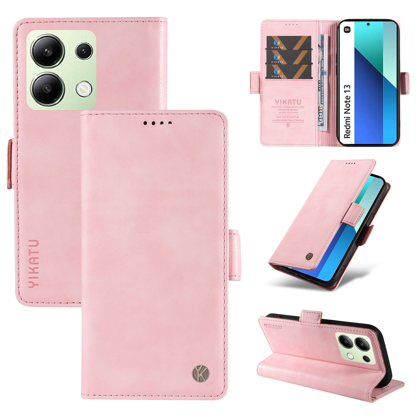 YIKATU YK-007 For Xiaomi Redmi Note 13 4G Leather Case Litchi Texture Cover Phone Wallet - Pink