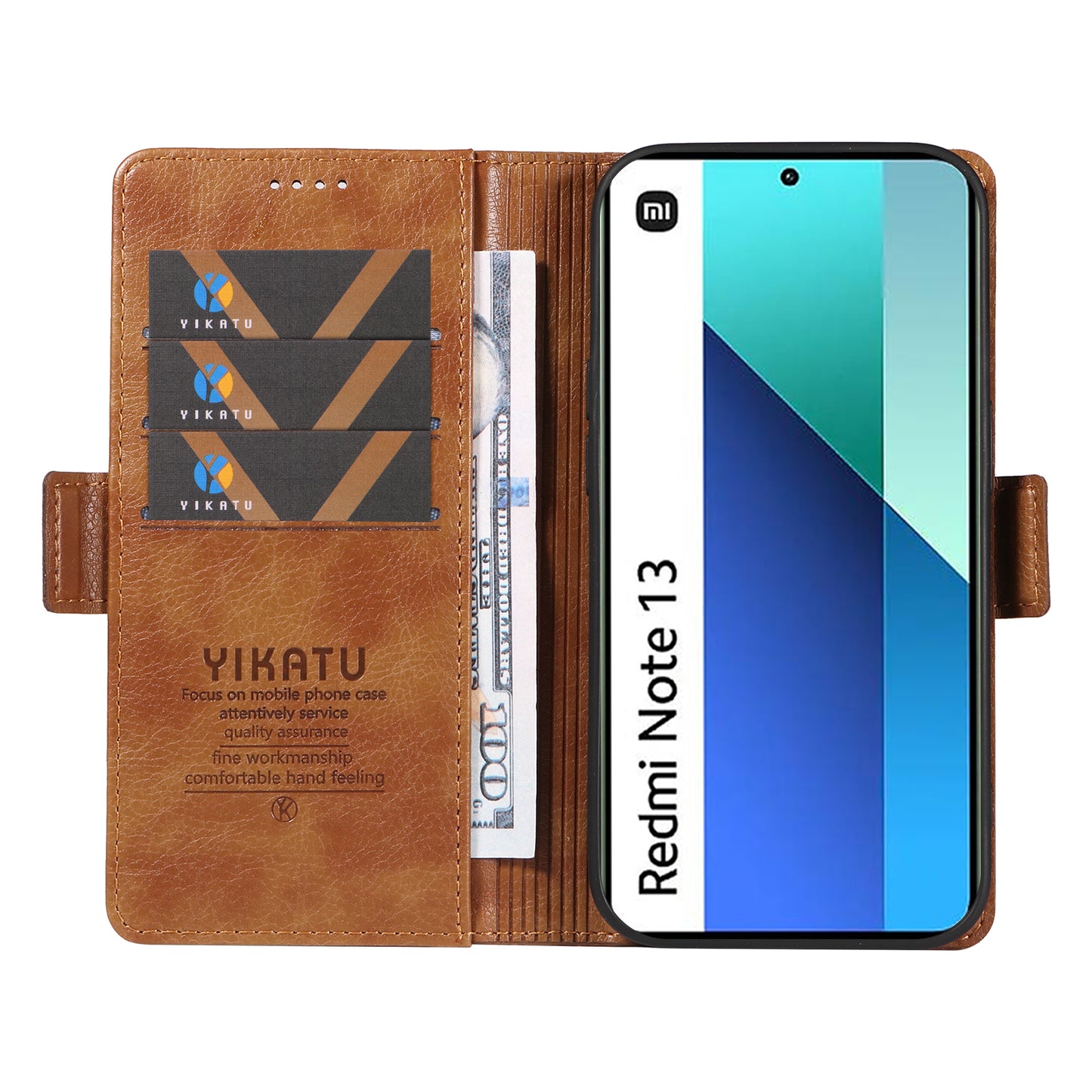 YIKATU YK-007 For Xiaomi Redmi Note 13 4G Leather Case Litchi Texture Cover Phone Wallet - Brown