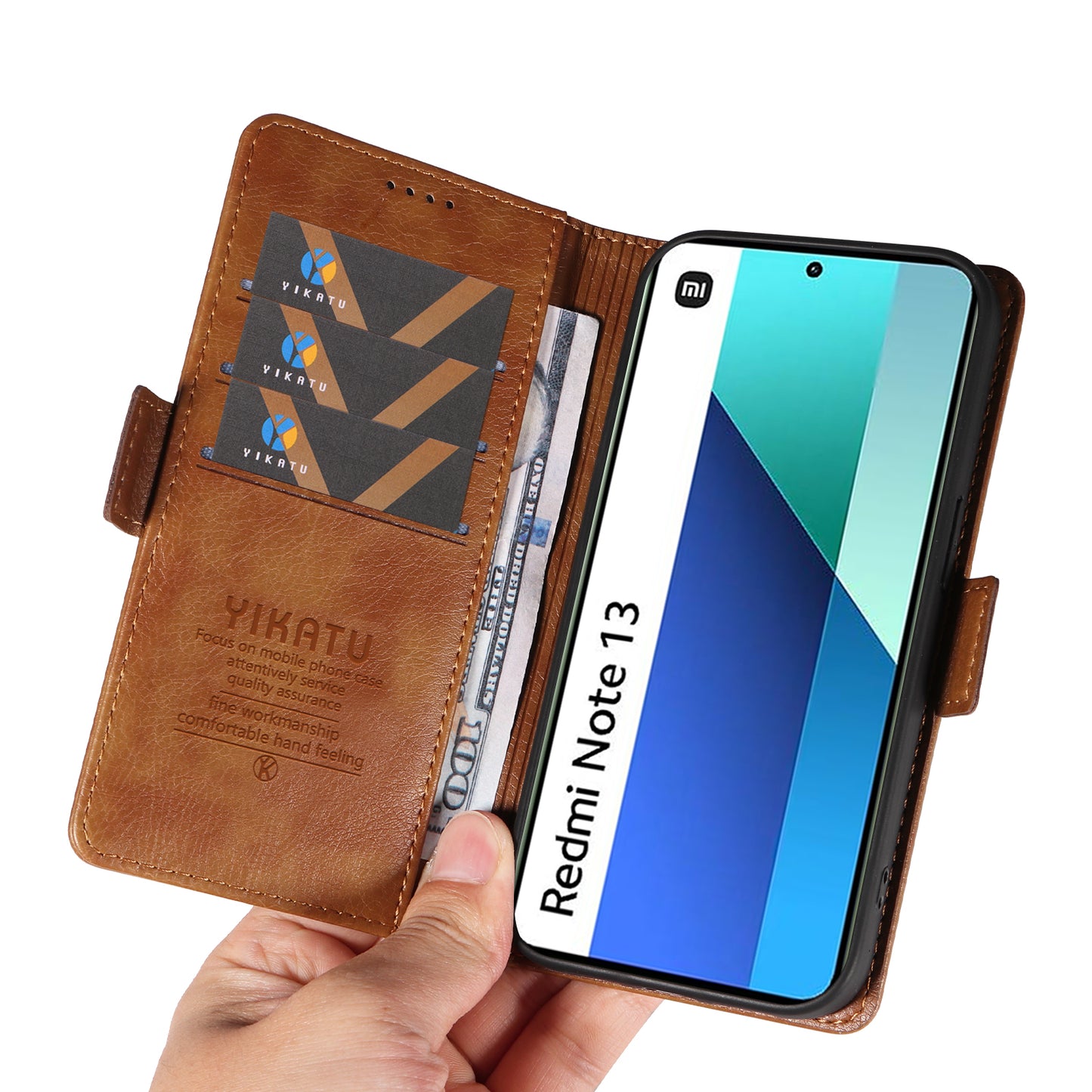 YIKATU YK-007 For Xiaomi Redmi Note 13 4G Leather Case Litchi Texture Cover Phone Wallet - Brown