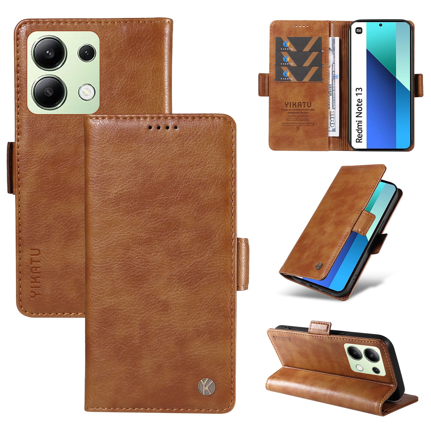 YIKATU YK-007 For Xiaomi Redmi Note 13 4G Leather Case Litchi Texture Cover Phone Wallet - Brown