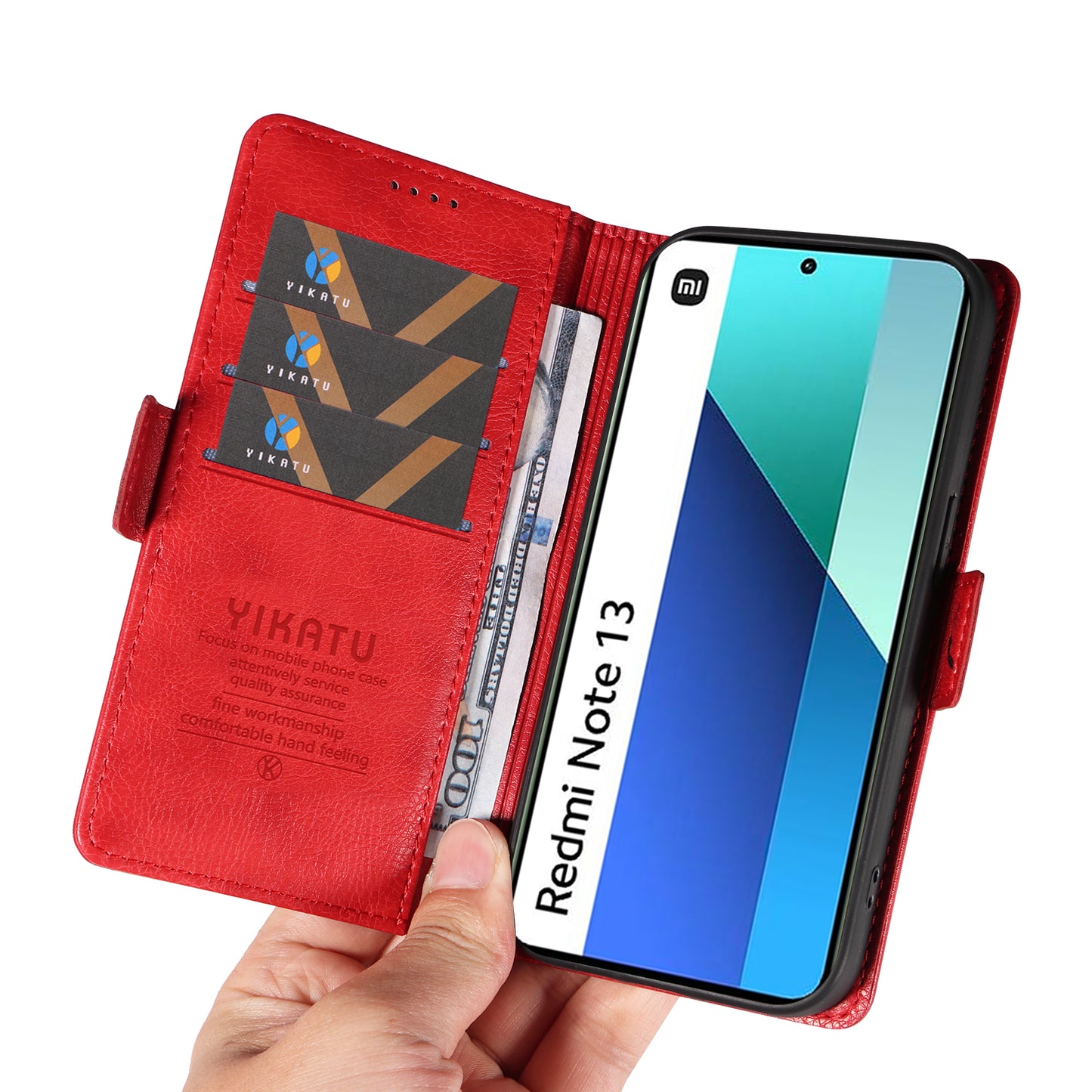 YIKATU YK-007 For Xiaomi Redmi Note 13 4G Leather Case Litchi Texture Cover Phone Wallet - Red