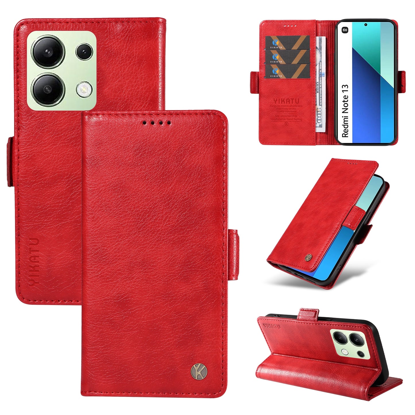 YIKATU YK-007 For Xiaomi Redmi Note 13 4G Leather Case Litchi Texture Cover Phone Wallet - Red