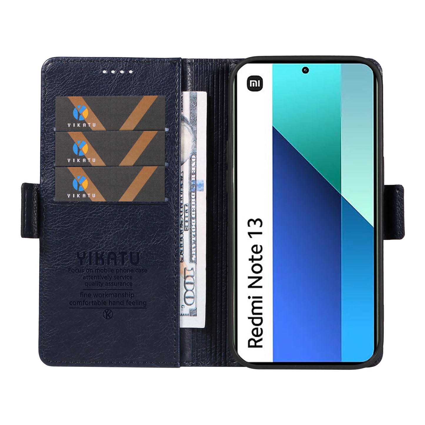 YIKATU YK-007 For Xiaomi Redmi Note 13 4G Leather Case Litchi Texture Cover Phone Wallet - Navy Blue