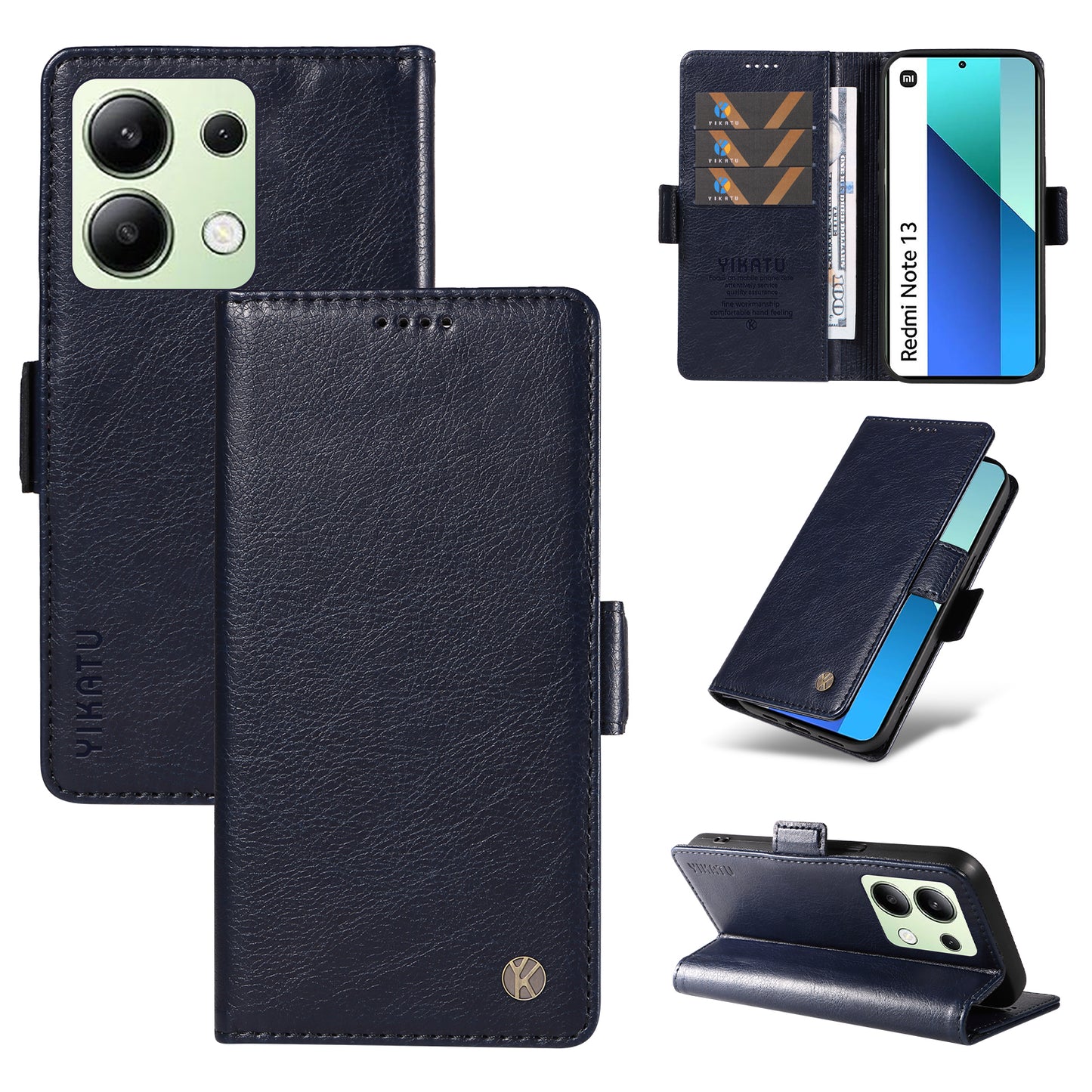 YIKATU YK-007 For Xiaomi Redmi Note 13 4G Leather Case Litchi Texture Cover Phone Wallet - Navy Blue