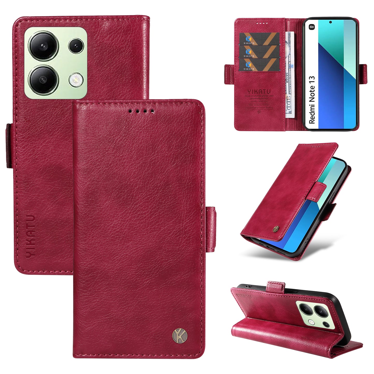 YIKATU YK-007 For Xiaomi Redmi Note 13 4G Leather Case Litchi Texture Cover Phone Wallet - Wine Red